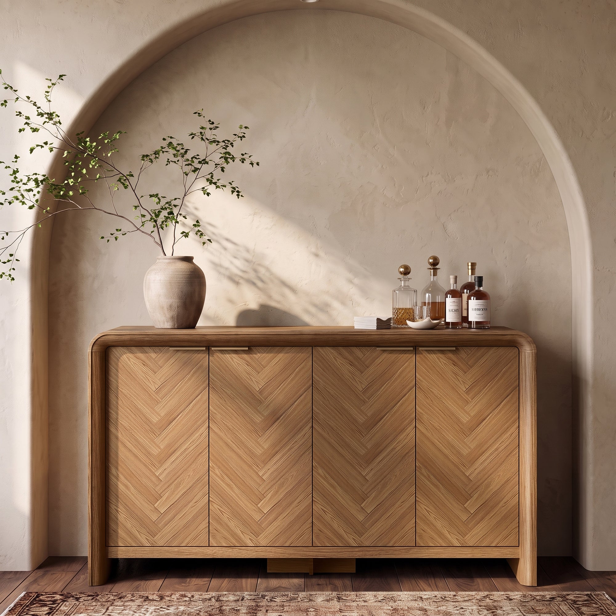 PAPROOS 55" Sideboard Buffet Cabinet with Storage, 4-Door Herringbone Wood Credenza with Adjustable Shelves, Walnut Accent Cabinet for Dining Room, Living Room, Entryway