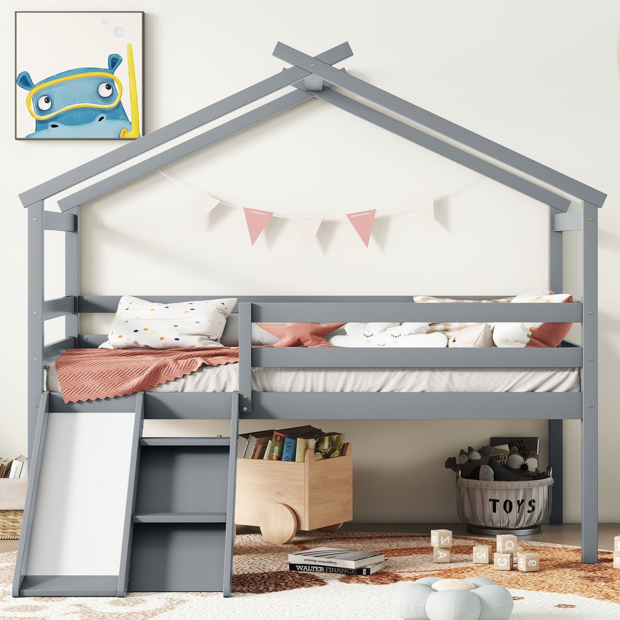 PAPROOS Loft Bed, Twin Size Loft Bed Frame with Slide and Ladder