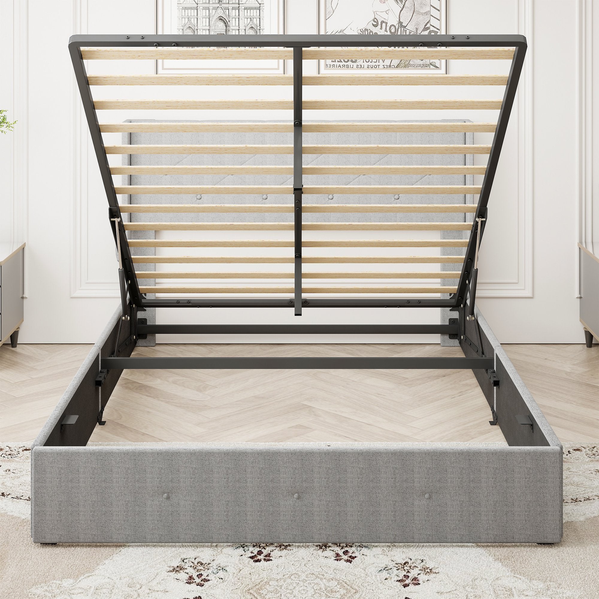 Full Size Bed Frame with USB Charging Station, Upholstered Platform Bed Frame with Gas Lift Storage Bed, Wingback Storage Headboard, No Box Spring Needed, Light Gray