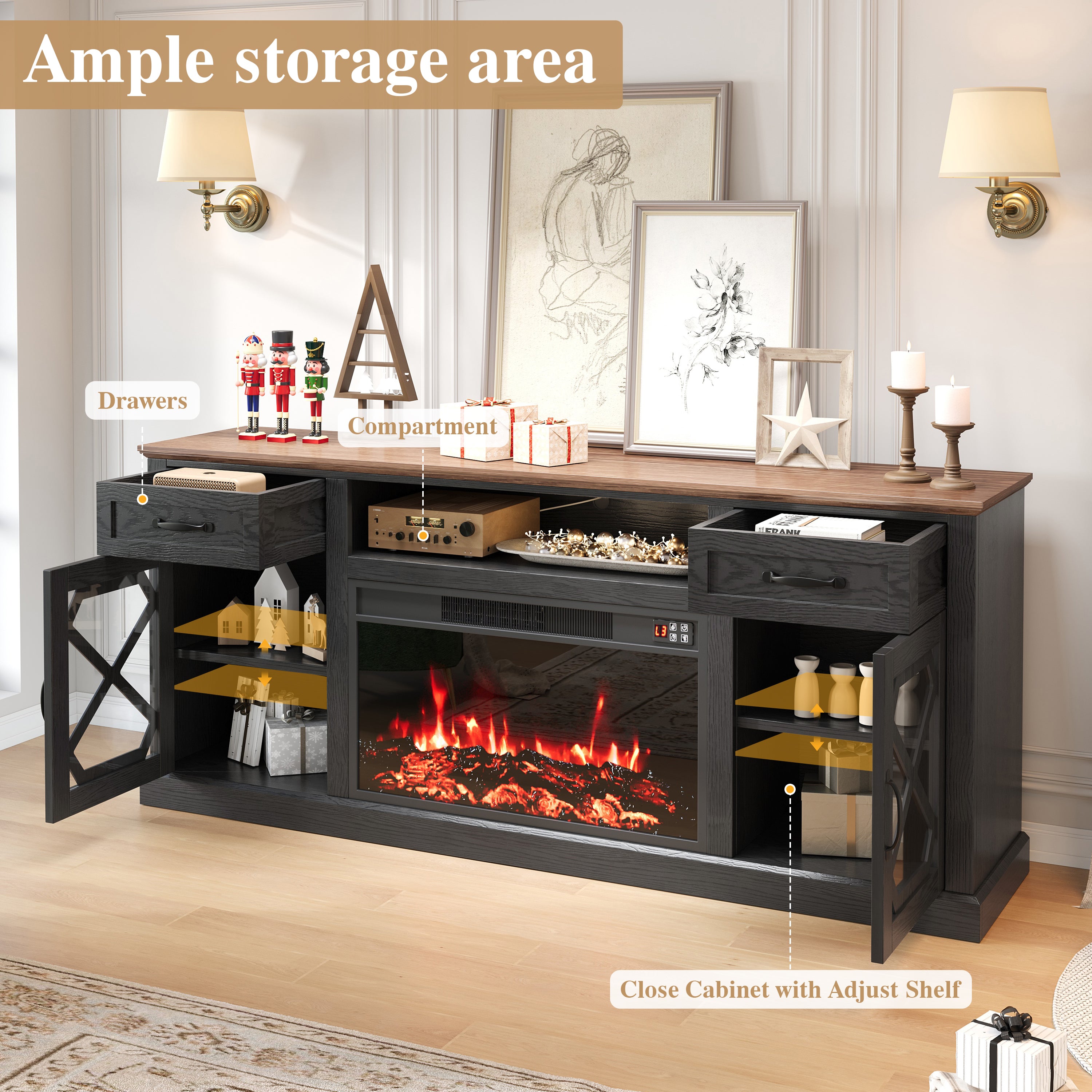Fireplace TV Stand, PAPROOS 70in TV Stand with 30in Fireplace for 80 inch TVs, Farmhouse Entertainment Center for Living Room, 500Sqt Heating Area, Brown&Black