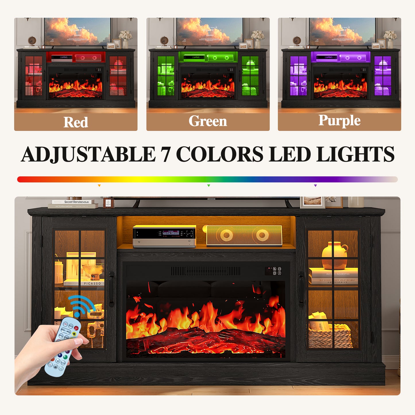 PAPROOS 63" Fireplace TV Stand for TVs up to 70" with 32" Electric Fireplace, Entertainment Center with LED, Modern Television Table Center With Remote Control for Living Room, Black