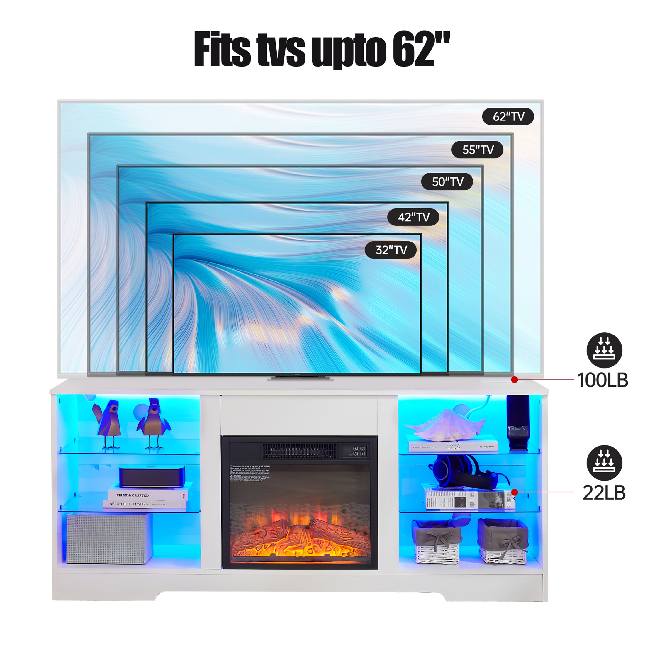 PAPROOS TV Stand With Fireplace for 60" TV, Modern TV Cabinet Entertainment Center with LED Light and 18" Fireplace, Wood TV Console with Glass Shelves, Charging Station, 2-IN-1 Design, White