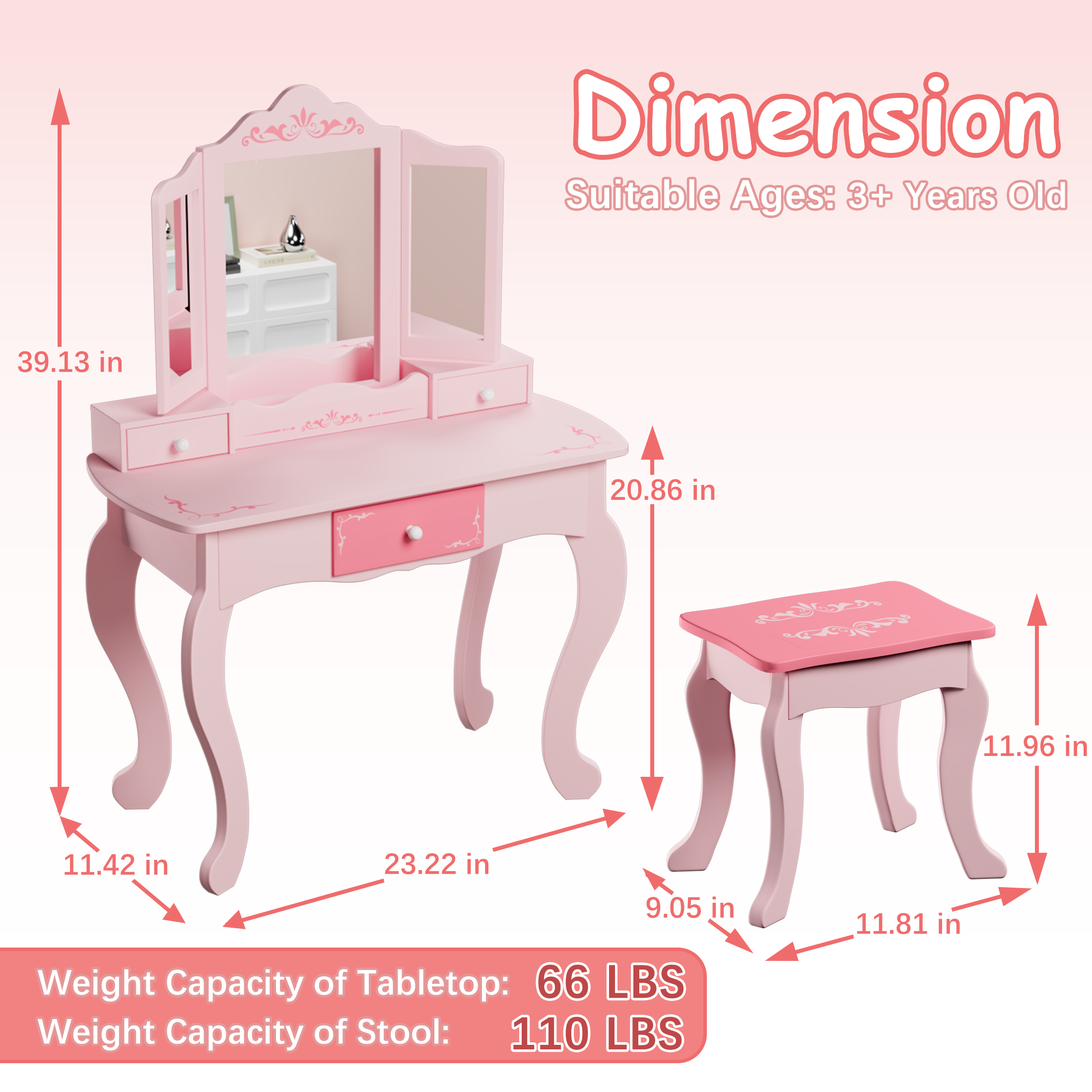 PAPROOS Kids Vanity with Mirrors