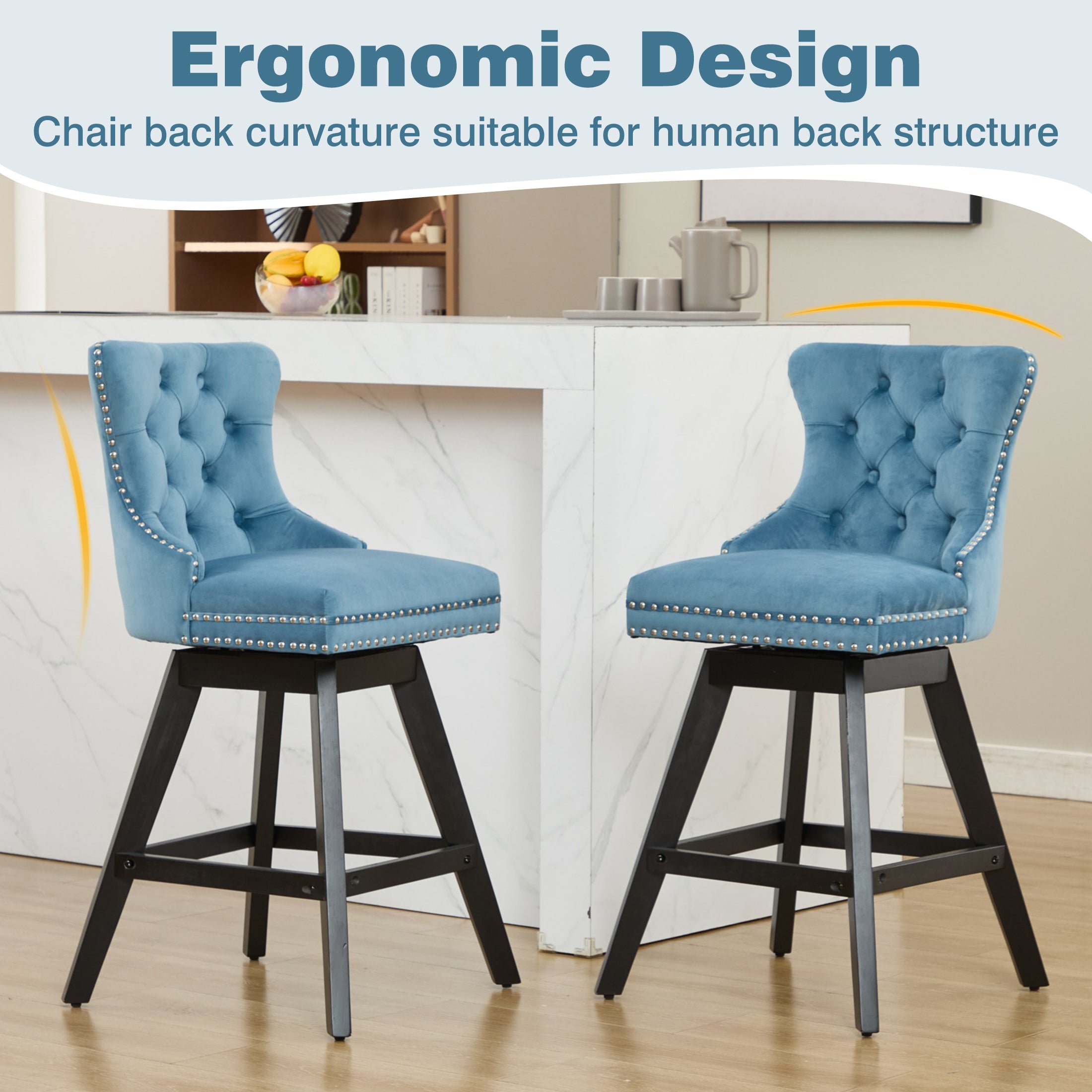 Swivel Bar Stools Set of 2, Velvet Counter Height Bar Stools with Back, Swivel Dining Chair with Button Tufted and Wooden Legs, Kitchen Chair Counter Stools for Kitchen Island