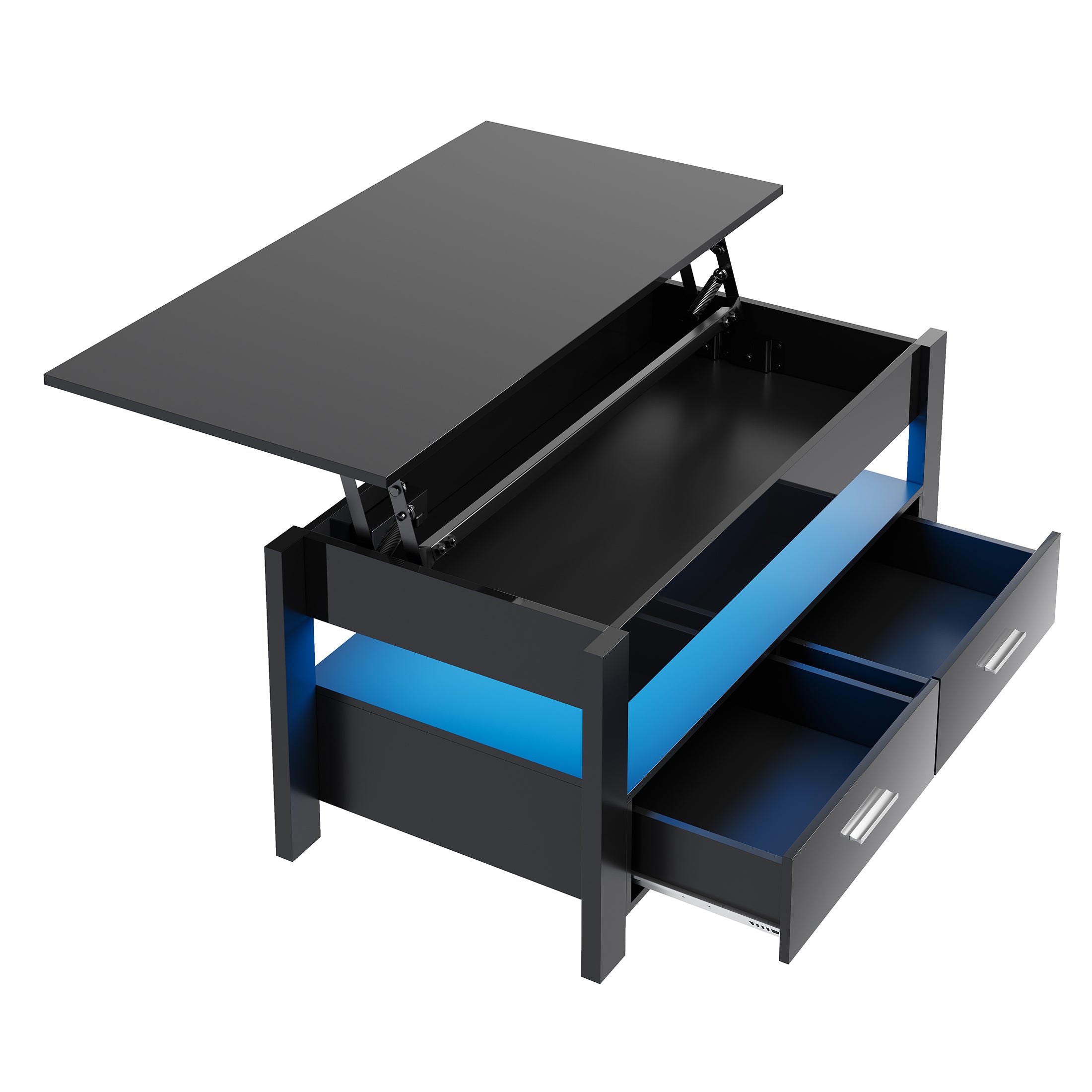 PAPROOS Lift Top Coffee Table for Living Room, Modern High Gloss Desktop Coffee Table with LED Light, Wood Coffee Table with Lifting Top and 2 Drawers, Hidden Storage, Black