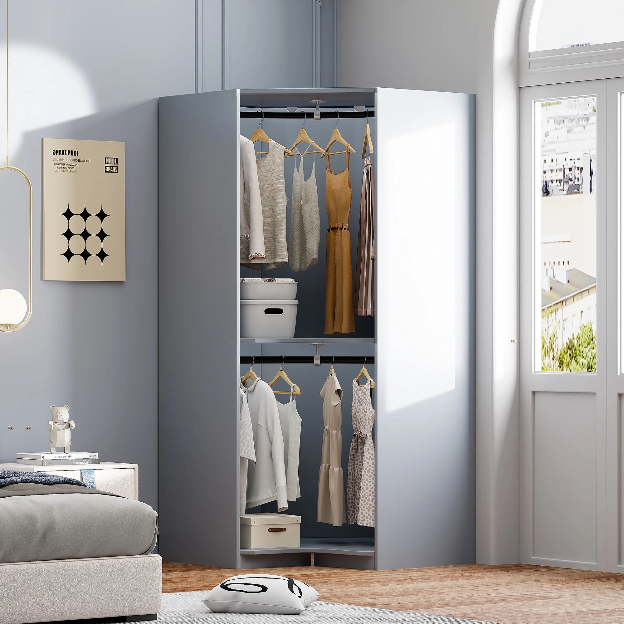 PAPROOS Corner Armoire Wardrobe, Corner Closet System, 43.3 Inches Wide Wood Corner Unit with 2 Hanging Rods, 2-Tier Corner Wood Closet Tower, Gray
