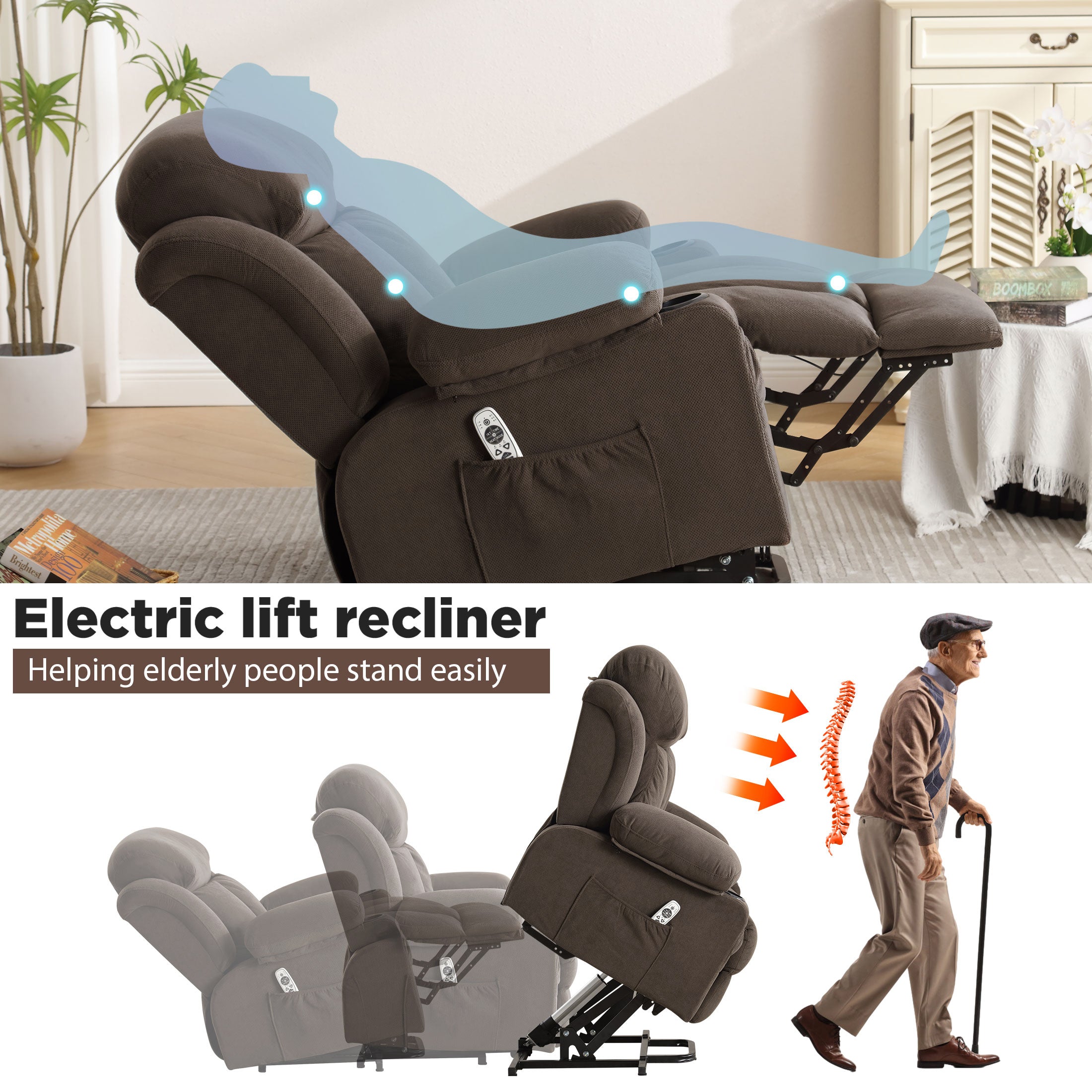 PAPROOS Power Lift Recliner Chair for Elderly with Heat and Massage, Electric Velvet Lift Chair with USB Port, Side Pockets and Cup Holders, Remote Control Recliner for Living Room, Brown