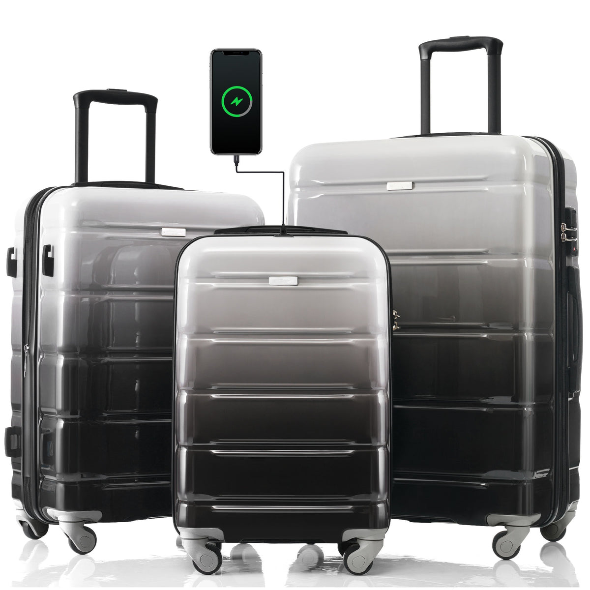 PAPROOS 3-Piece Luggage Set (20''/24''/28''), Hardshell Lightweight Suitcase with USB Port and Side Hooks, Travel Luggage with TSA-Lock, Hardside Rolling Luggage for School, Travel