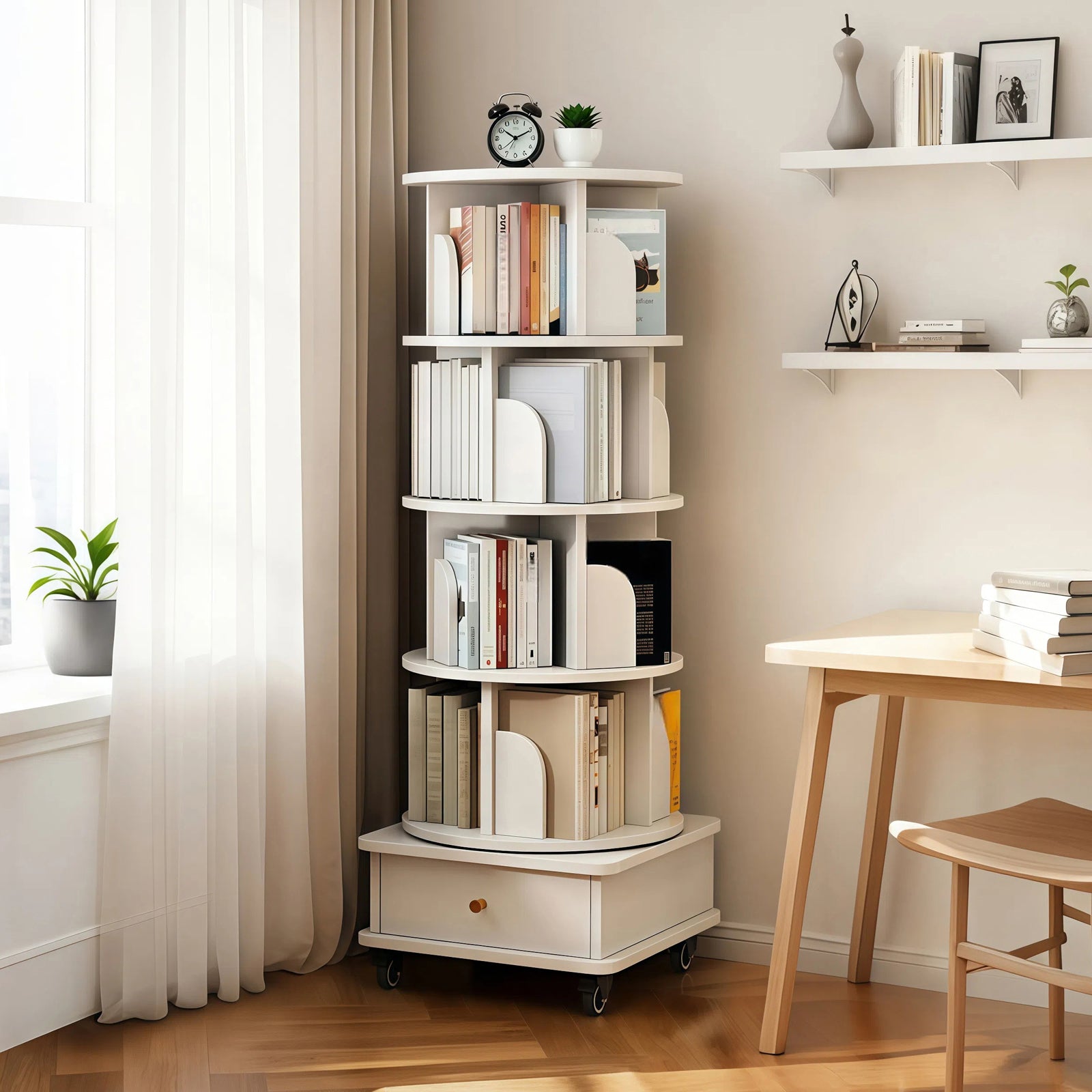 Paproos 5 Tier Rotating Bookshelf, 360° Display Wood Spinning Bookshelf Tower with Wheels and Bottom Drawer, Small Rotating Bookcase, Corner Book Shelf for Home Office, Bedroom, Warm White
