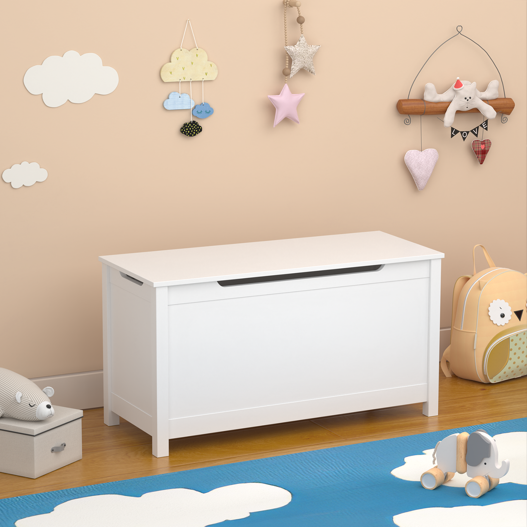 Toy Box for Boys Girls, Wooden Kids Toy Chest with Storage Bench and Safety Hinged Lid, Modern Toy Storage Organizer for Living Room, Bedroom, Toddler Room, White