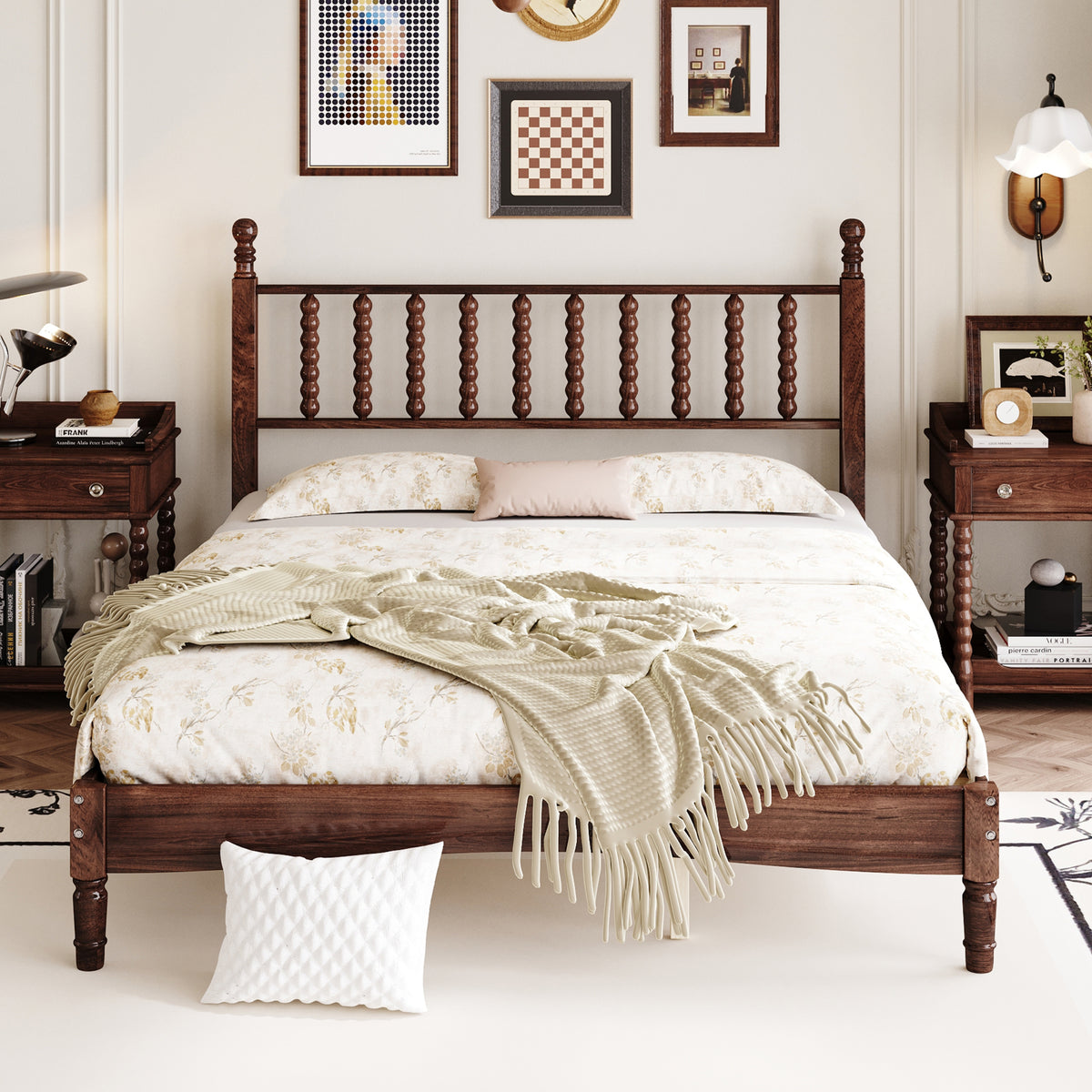 PAPROOS Queen Bed Frame with Spindle Headboard