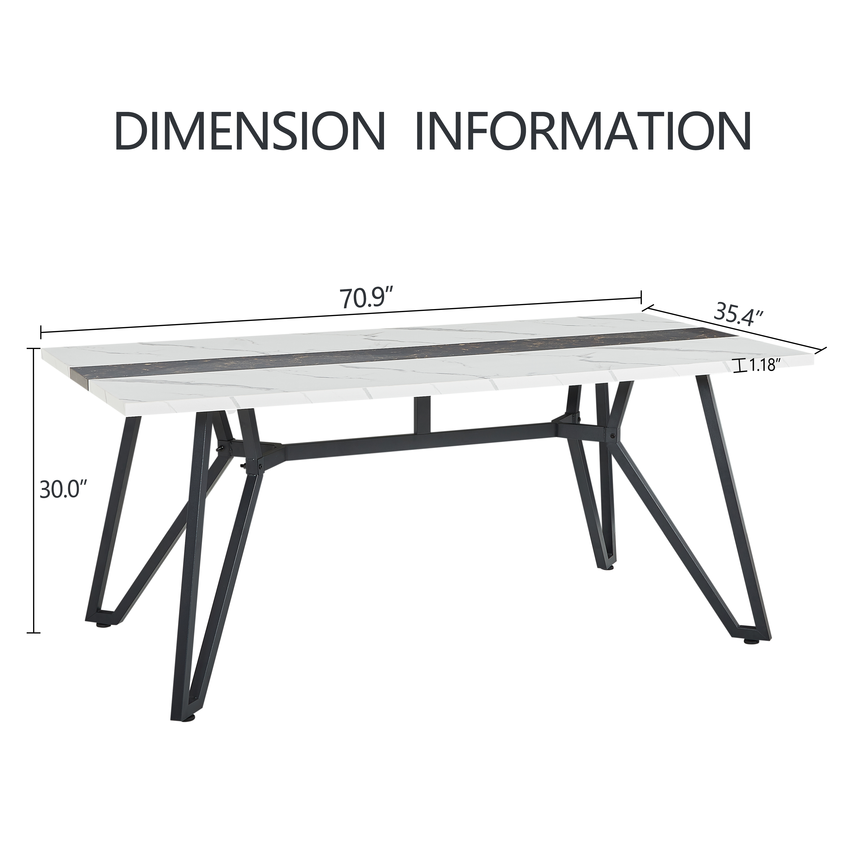 PAPROOS 71" Dining Table for 6-8 People, Rectangle Faux Marble Kitchen Table, Dining Room Table with Adjustable Metal Legs, for Kitchen Dining Room, Gathering, White+Black (Only Table)