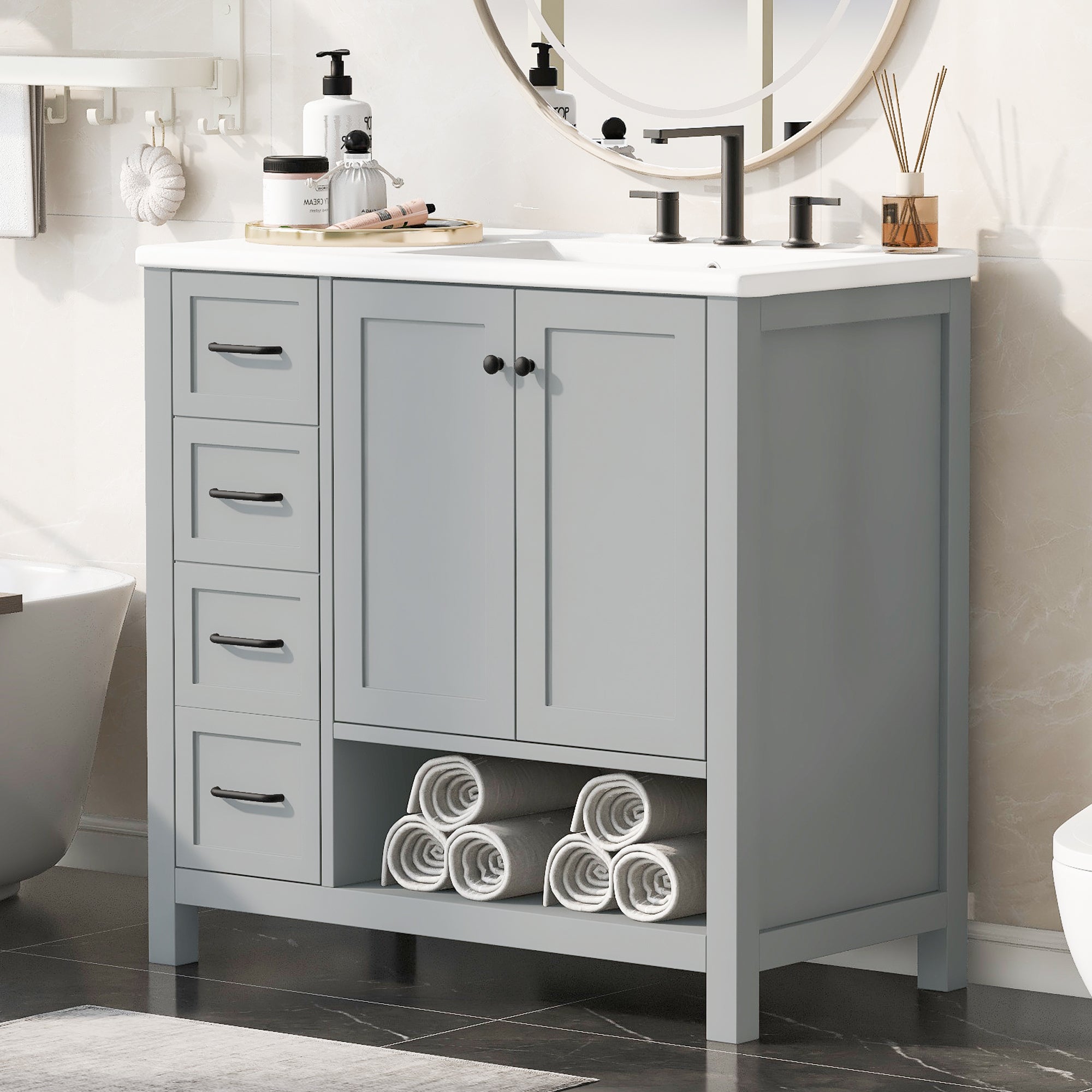PAPROOS 36” Bathroom Vanity with Sink, Wood Bathroom Storage Cabinet with 2 Doors and 2 Drawers, Modern Basin Cabinet with Open Shelf, Freestanding Solid Wood Frame Bathroom Vanity, White