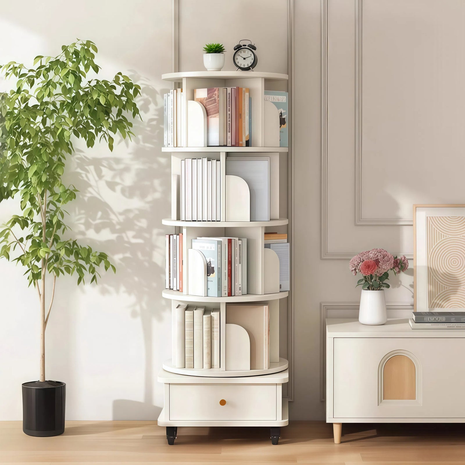 Paproos 5 Tier Rotating Bookshelf, 360° Display Wood Spinning Bookshelf Tower with Wheels and Bottom Drawer, Small Rotating Bookcase, Corner Book Shelf for Home Office, Bedroom, Warm White