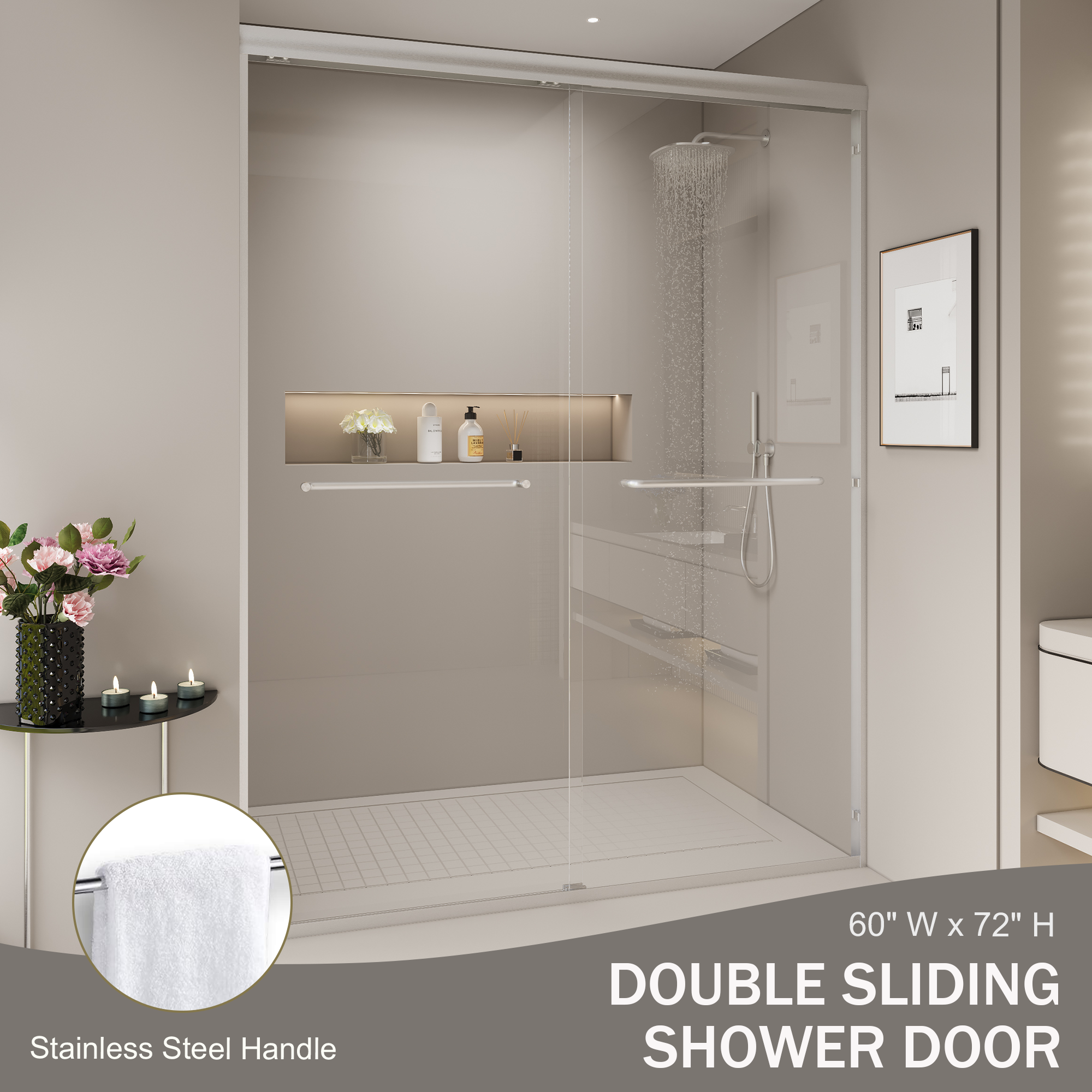 PAPROOS 44"-48" W x 72" H Sliding Shower Door, Modern Double Tub Door with Aluminum Frame, Bathtub Door with 1/4” (6 mm) Clear Tempered Glass, Stainless Steel Handle, SGCC Certified, Matte Black