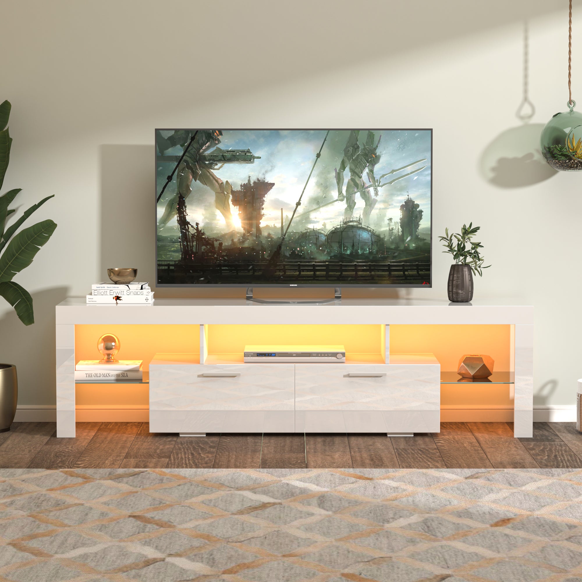 PAPROOS TV Stand with LED Lights, High Gloss TV Cabinet with Storage Drawer and Media Shelves, Modern Entertainment Center TV Console Table for 32-70 Inch TVs