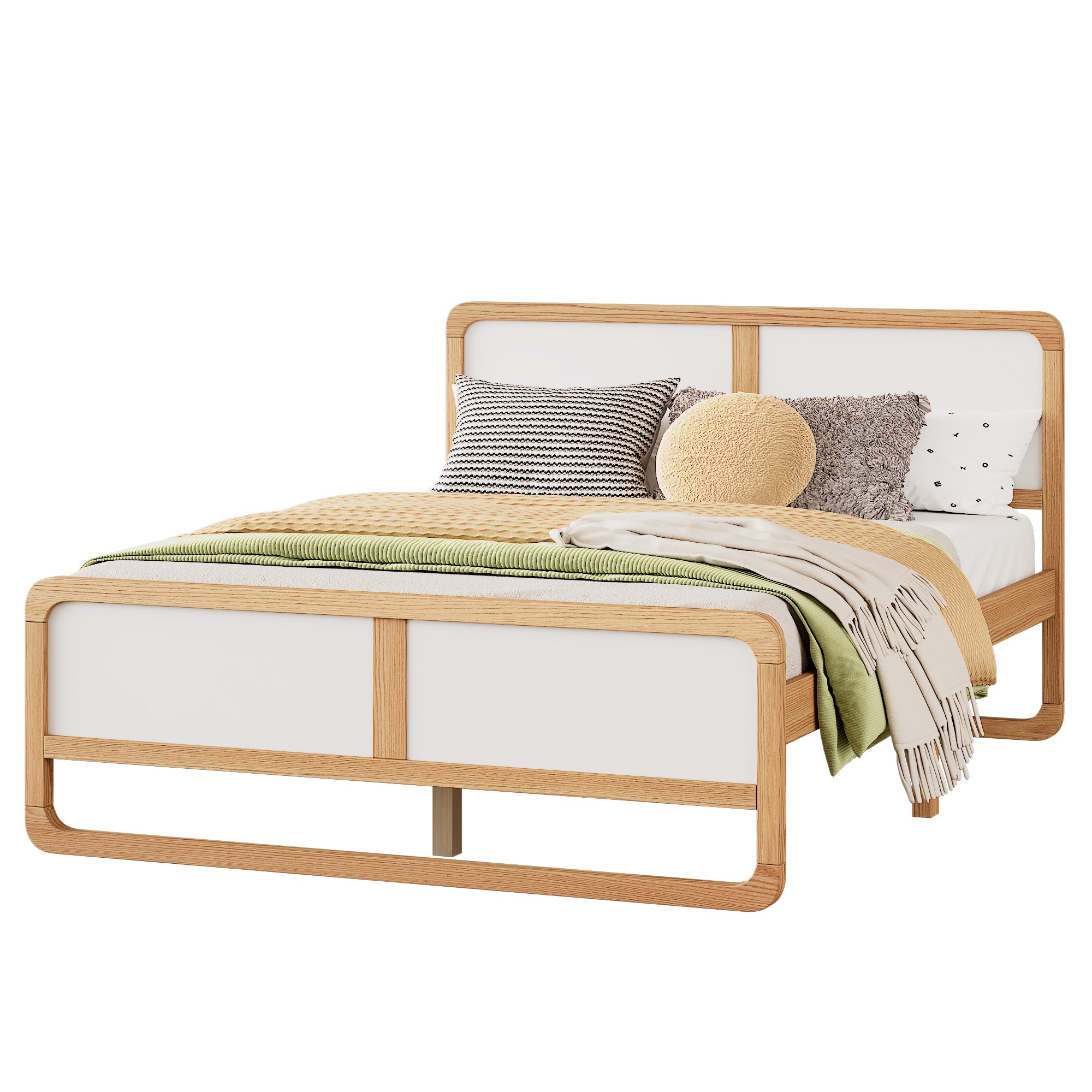 PAPROOS Queen Platform Bed Frame, Solid Wood Bed Frame with Headboard, Modern Queen Size Bed with Slats, No Box Spring Needed, White/Walnut