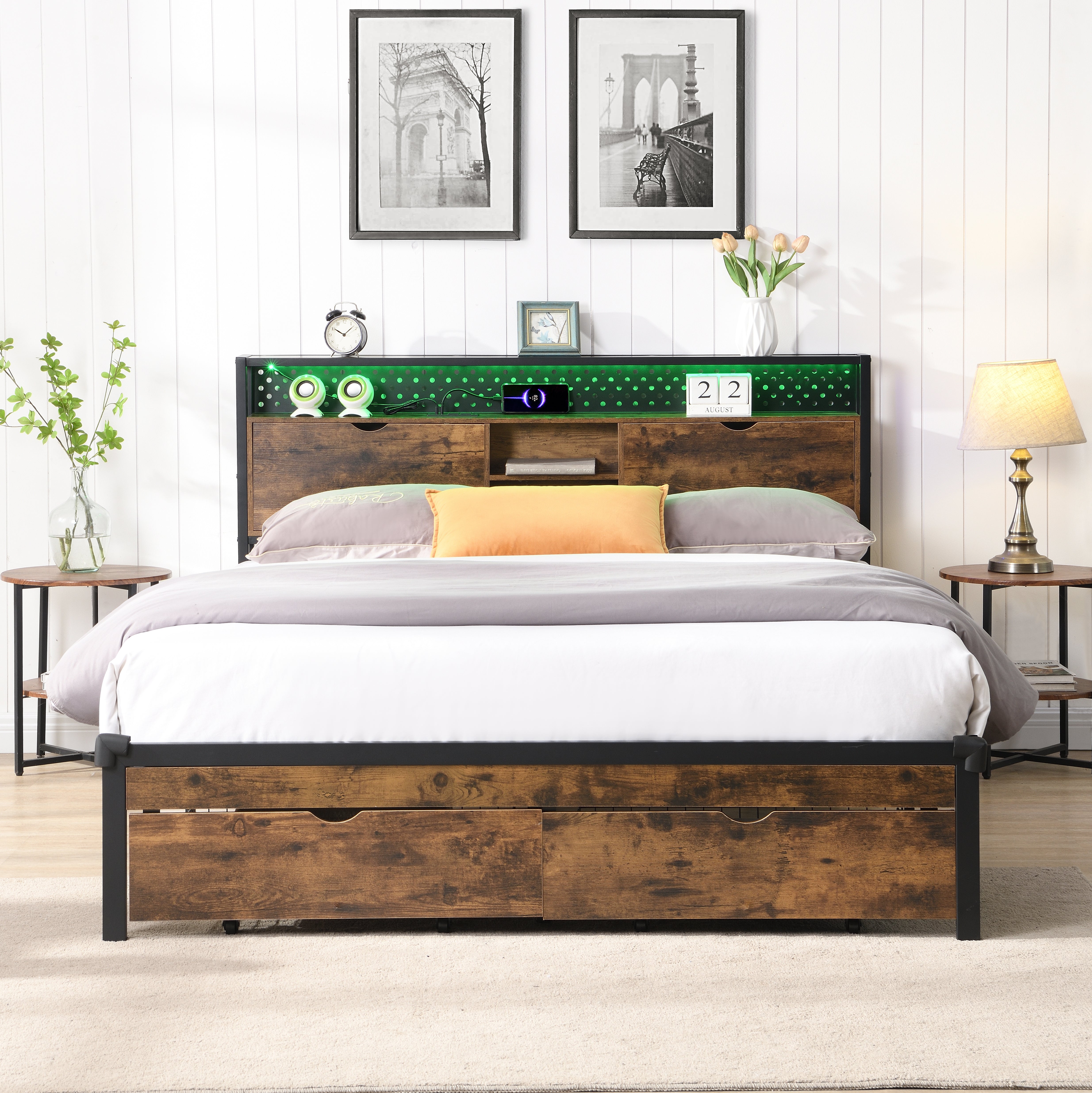 PAPROOS Full Size Bed Frame, Metal Platform Bed with Upholstered Storage Headboard, 2 drawers, Charging Station, Full Bed Frame with Metal Slats