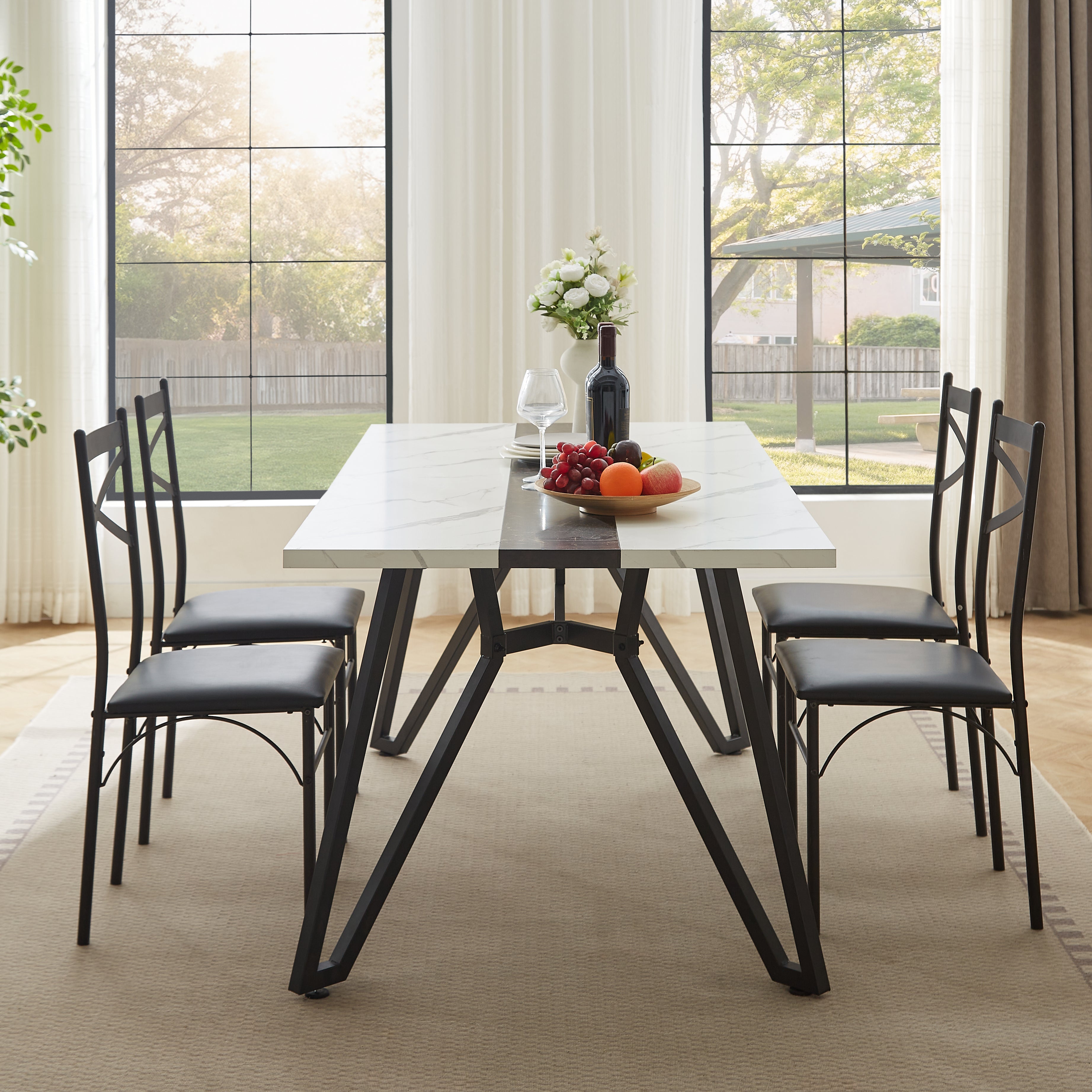 PAPROOS 71" Dining Table for 6-8 People, Rectangle Faux Marble Kitchen Table, Dining Room Table with Adjustable Metal Legs, for Kitchen Dining Room, Gathering, White+Black (Only Table)