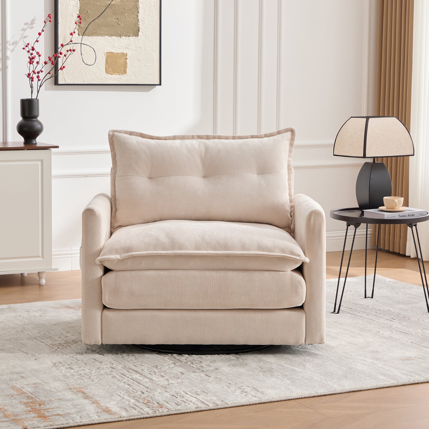 360°Swivel Accent Chair, Chenille Upholstered Armchair,&nbsp;PAPROOS Barrel Chair Reading Armchair with Side Pockets & Cushion, Modern Accent Chair with Metal Base for Living Room Bedroom, Beige