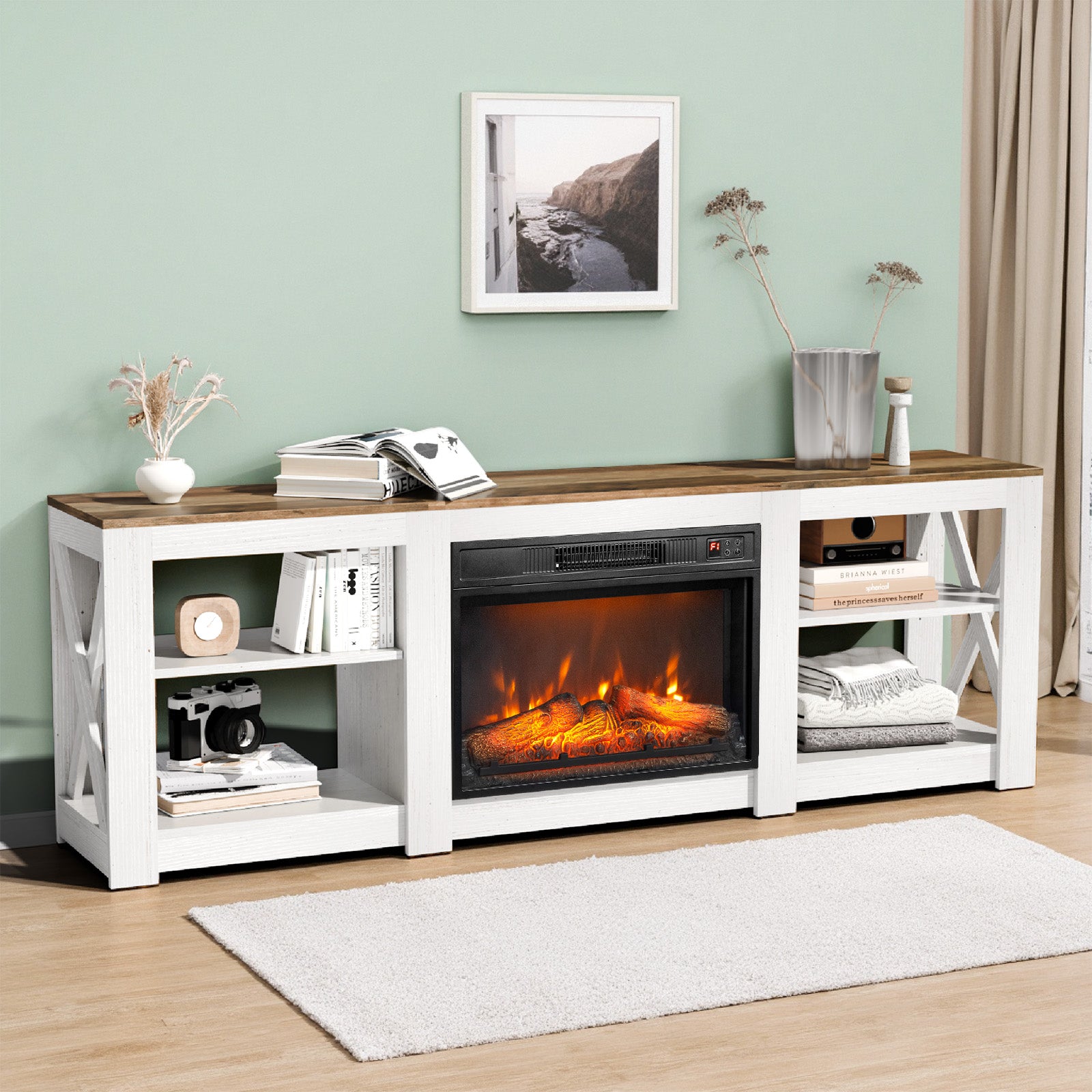 PAPROOS Fireplace TV Stand for 70 Inch TV, Farmhouse TV Stand with 24'' Electric Fireplace, Entertainment Center with Adjustable Shelves, TV Console Table Media Console for Living Room