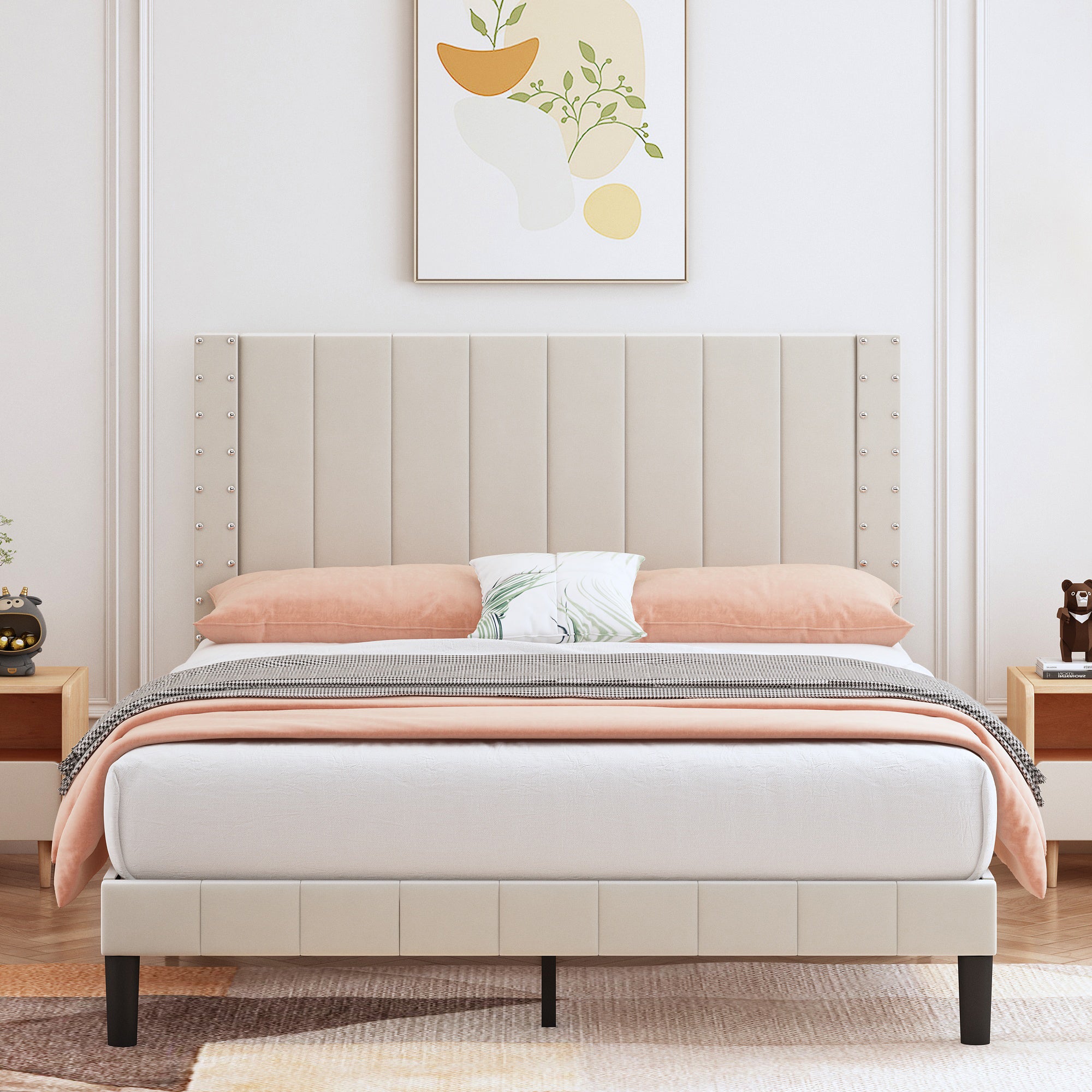 PAPROOS Full Platform Bed Frame, Upholstered Bed Frame Full Size with Vertical Channel and Rivet Decor Headboard, No Box Spring Needed, Easy Assembly, Dark Gray