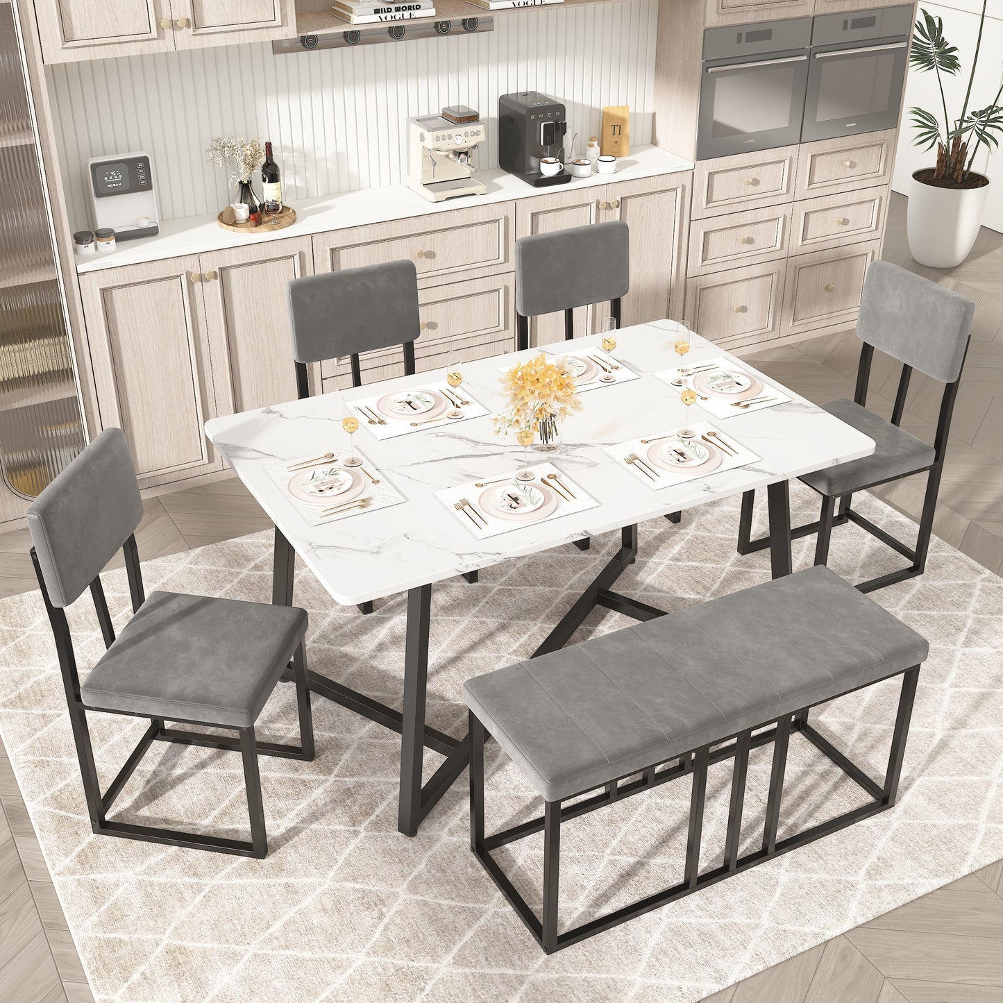 6 Piece Dining Room Table Set, Dining Table Sets for 6 with Chairs and Bench, Large Dinning Table and Chairs 4to6Set, Modern Kitchen Table Sets with Chairs for 6, Gray Table and Gray Chairs Set