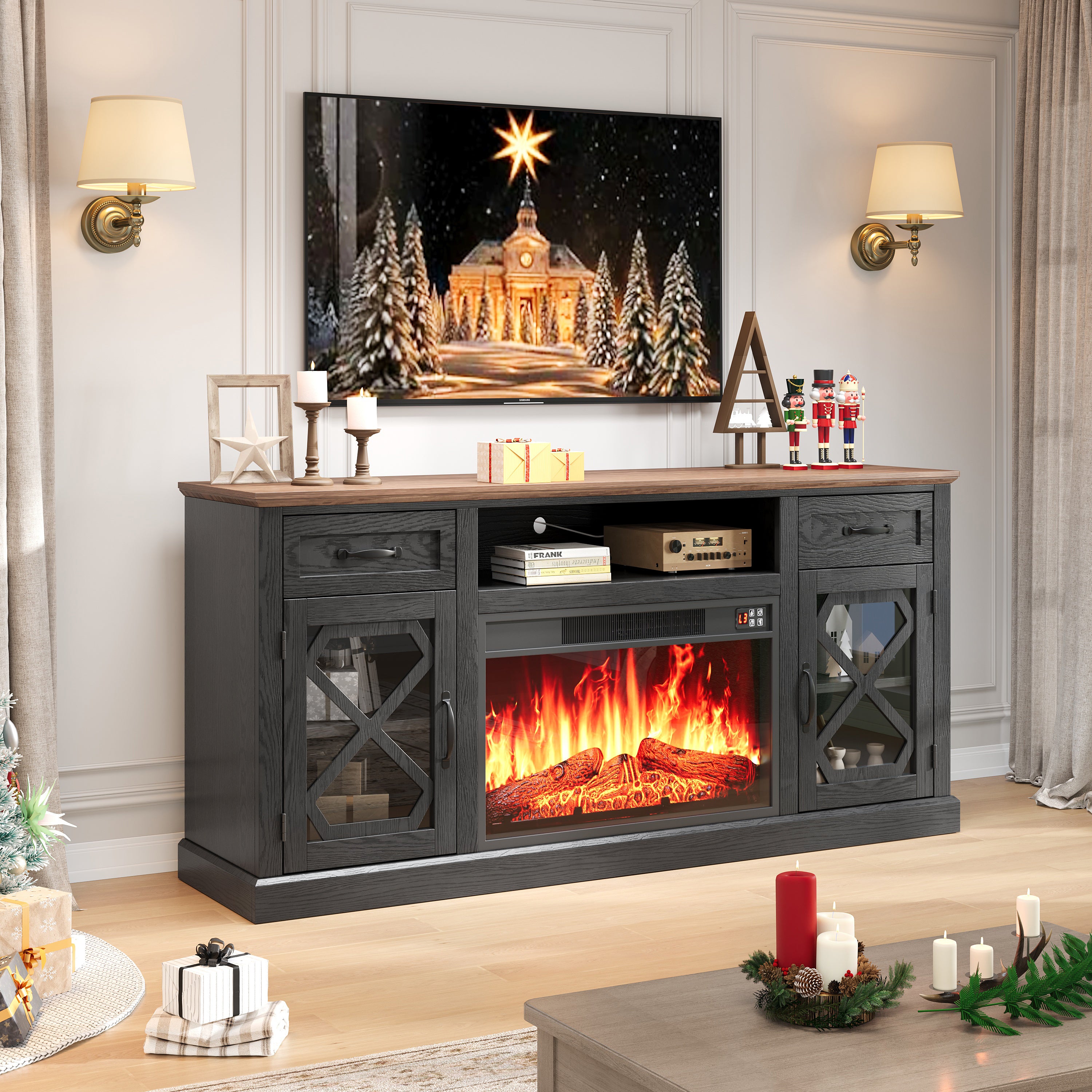 PAPROOS Fireplace TV Stand for 65 Inch TV, Modern Farmhouse TV Cabinet with 23'' Electric Fireplace, Entertainment Center Television Console Table for Living Room, Black+Brown