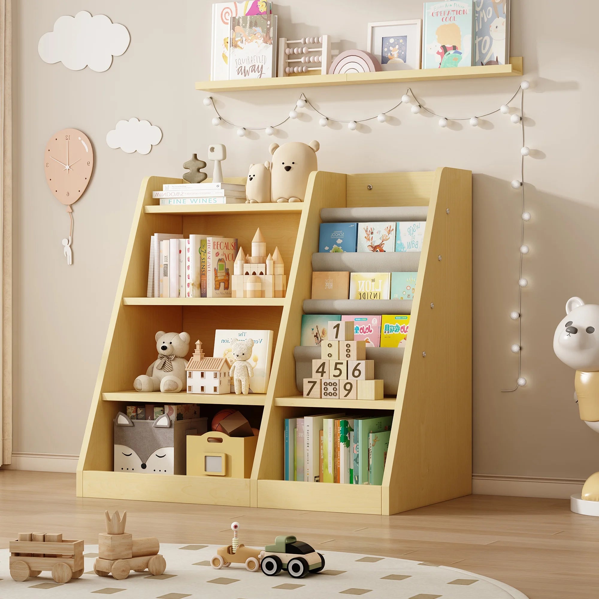 4-Tier Kids Bookshelf with 4 Layer Sling Bookcases, Wooden Toy Storage Organizer Cabinet, Adjustable Shelf for Classroom, Kids Bedroom, Nursery, Yellow