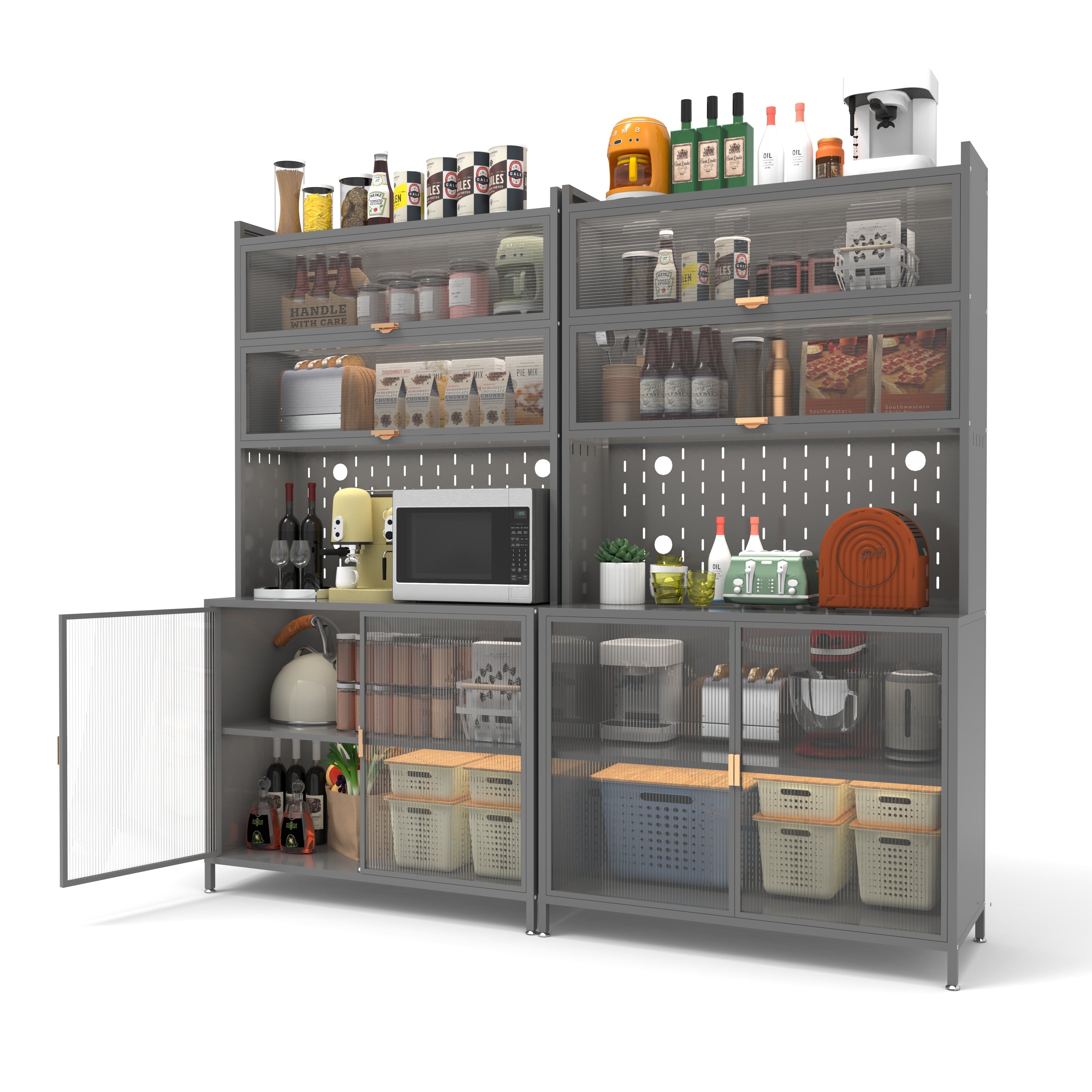 PAPROOS 73” Tall Kitchen Pantry Cabinet, Metal Pantry Cabinet with 6 Level Flip Doors, Pegboard, Modern Pantry Storage Cabinet with Anti-Tip Design, Hutch for Kitchen, Dining Room, Living Room