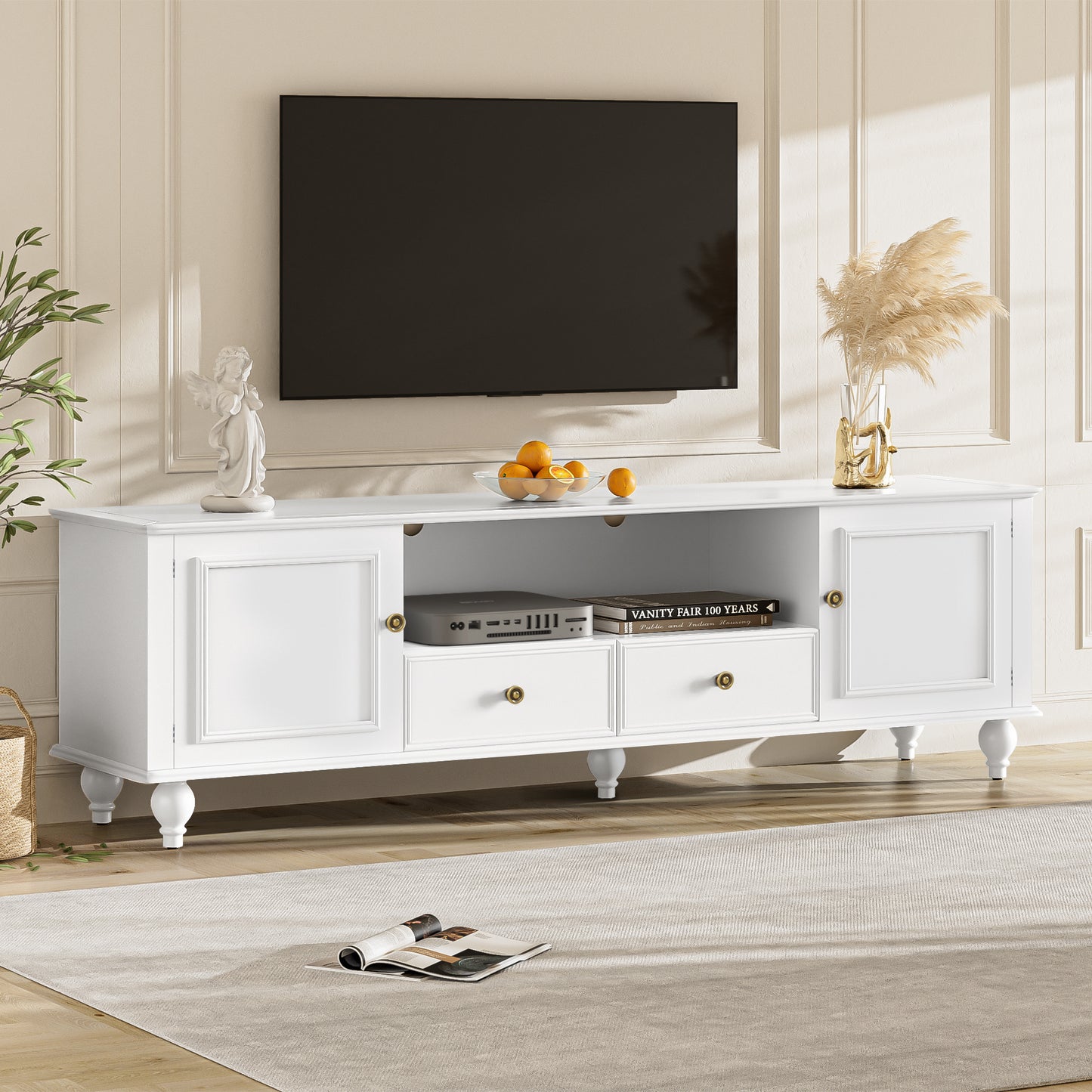 PAPROOS White TV Stand for TVS up to 80", Two-tone TV Console Table with Drawers and Storage Shelves, Modern TV Cabinet Entertainment Center, Functional TV Stand for Living Room, Lounge Room