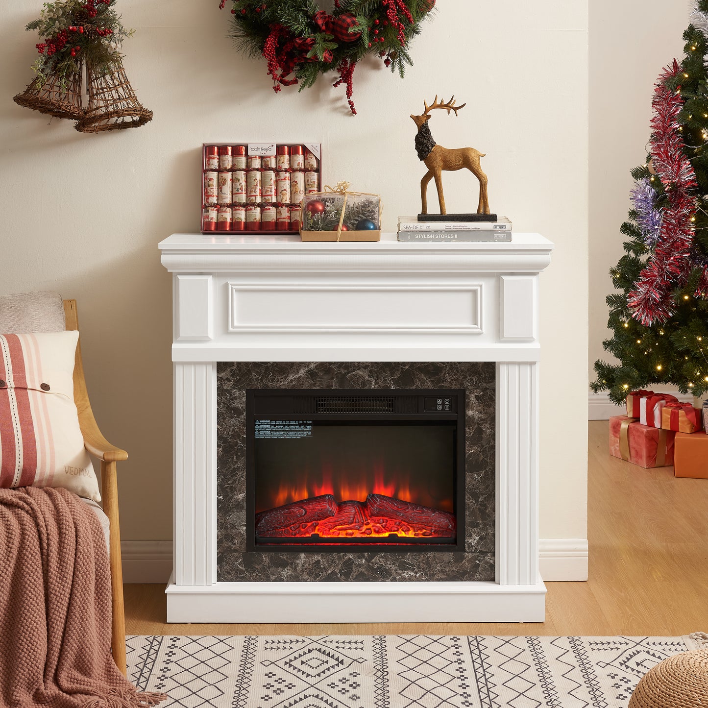 PAPROOS 41” Electric Fireplace with Mantel, Freestanding Electric Fireplace Heater with Remote Control, Adjustable Flame, Timer, Wooden Surround with Fireplace Insert for Living Room, 1400W, White