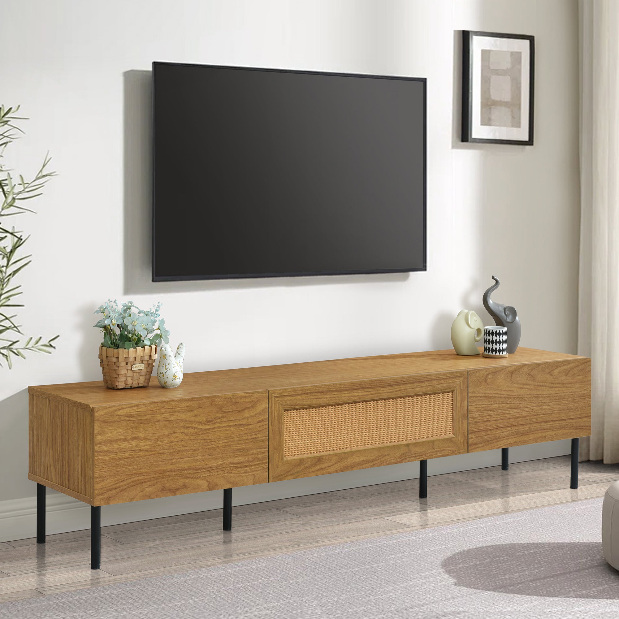 PAPROOS TV Stand for 70 inch tv, Mid Century Entertainment Center with Storage Cabinets, TV Cabinet with Open Shelves, Media Console Table with Doors for Living Room, Office