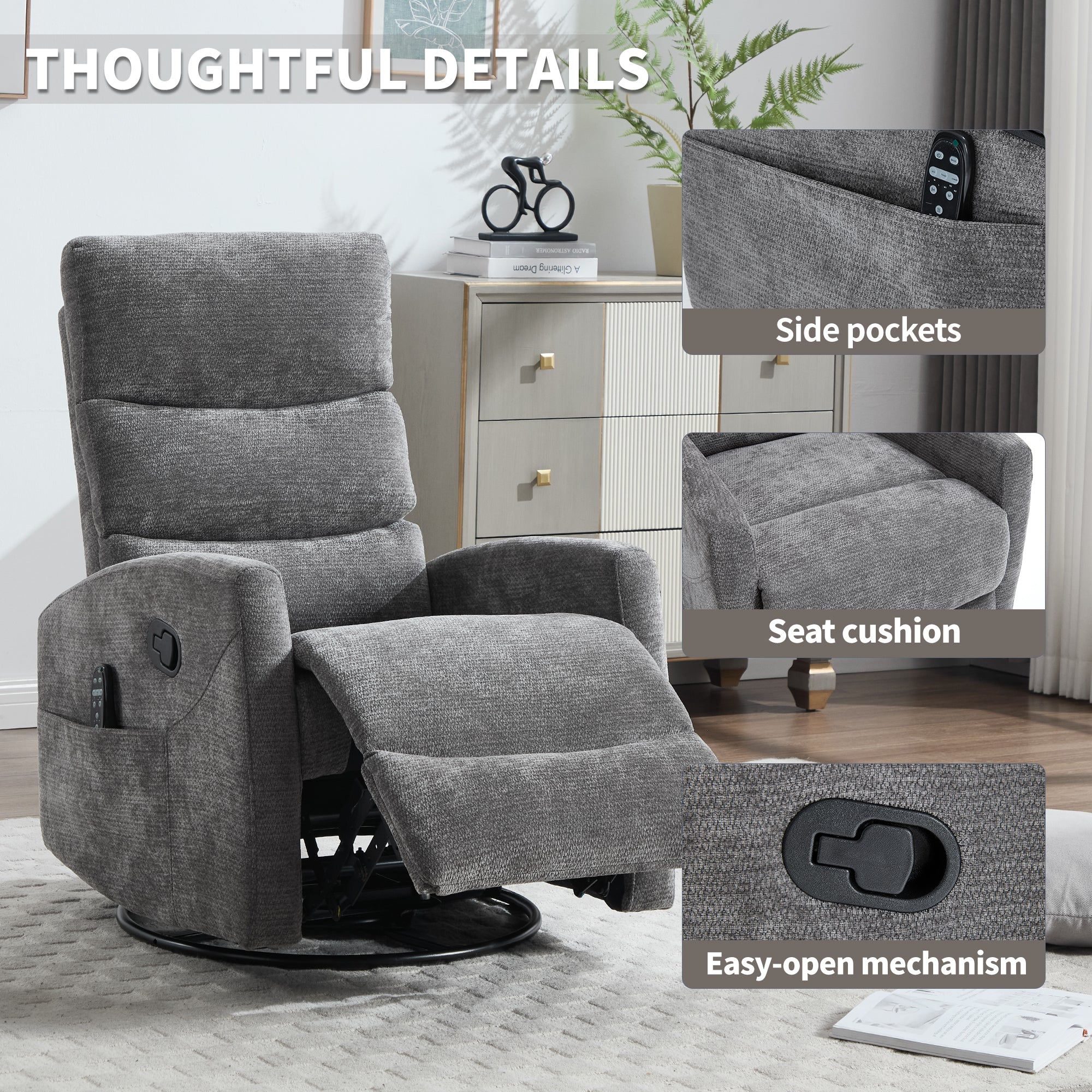 PAPROOS Recliner Chair with Massage and Heat, Fabric 360° Swivel Rocker Recliner, Rocking Chair for Nursery, Manual Recliner for Adults for Home Theater Living Room