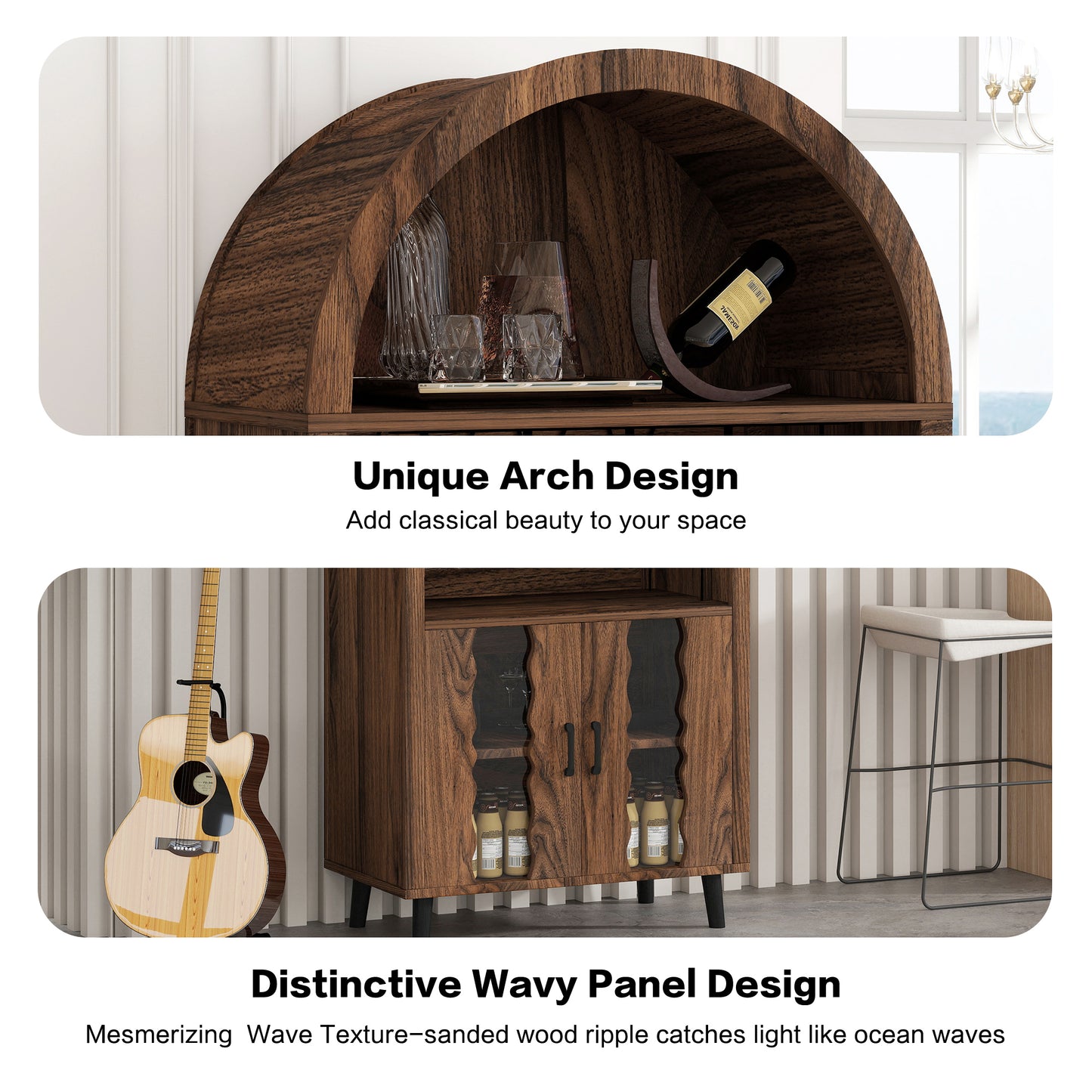 71" Tall Wine Bar Cabinet, Paproos Farmhouse Liquor Cabinet with Doors, Wine Racks, Glass Holder, Coffee Bar Cabinet with Storage Cabinet, for Living Room, Kitchen, Home Bar, Brown Oak