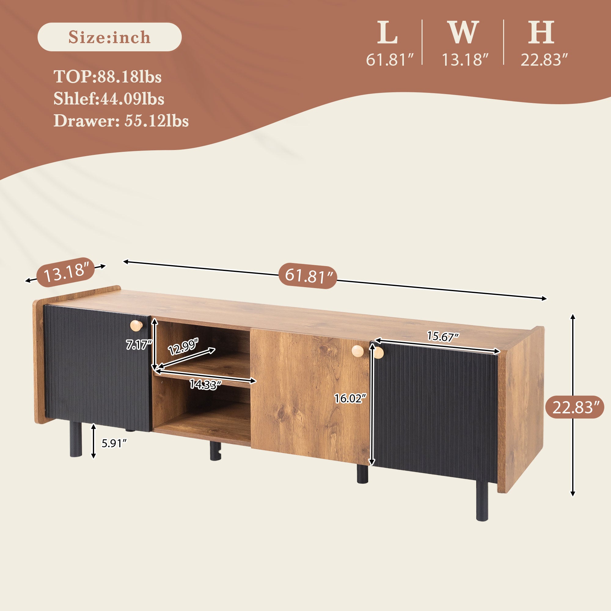 PAPROOS TV Stand for 70 inch tv, Mid Century Entertainment Center with Storage Cabinets, TV Cabinet with Open Shelves, Media Console Table with Doors for Living Room, Office