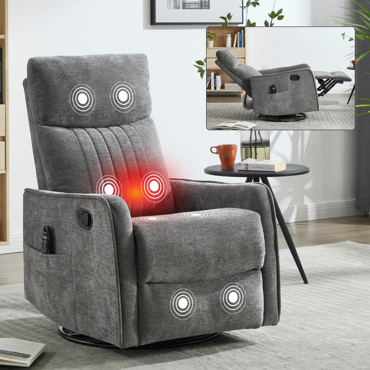 PAPROOS Recliner Chair with Massage and Heat, Fabric 360° Swivel Rocker Recliner, Rocking Chair for Nursery, Manual Recliner for Adults for Home Theater Living Room