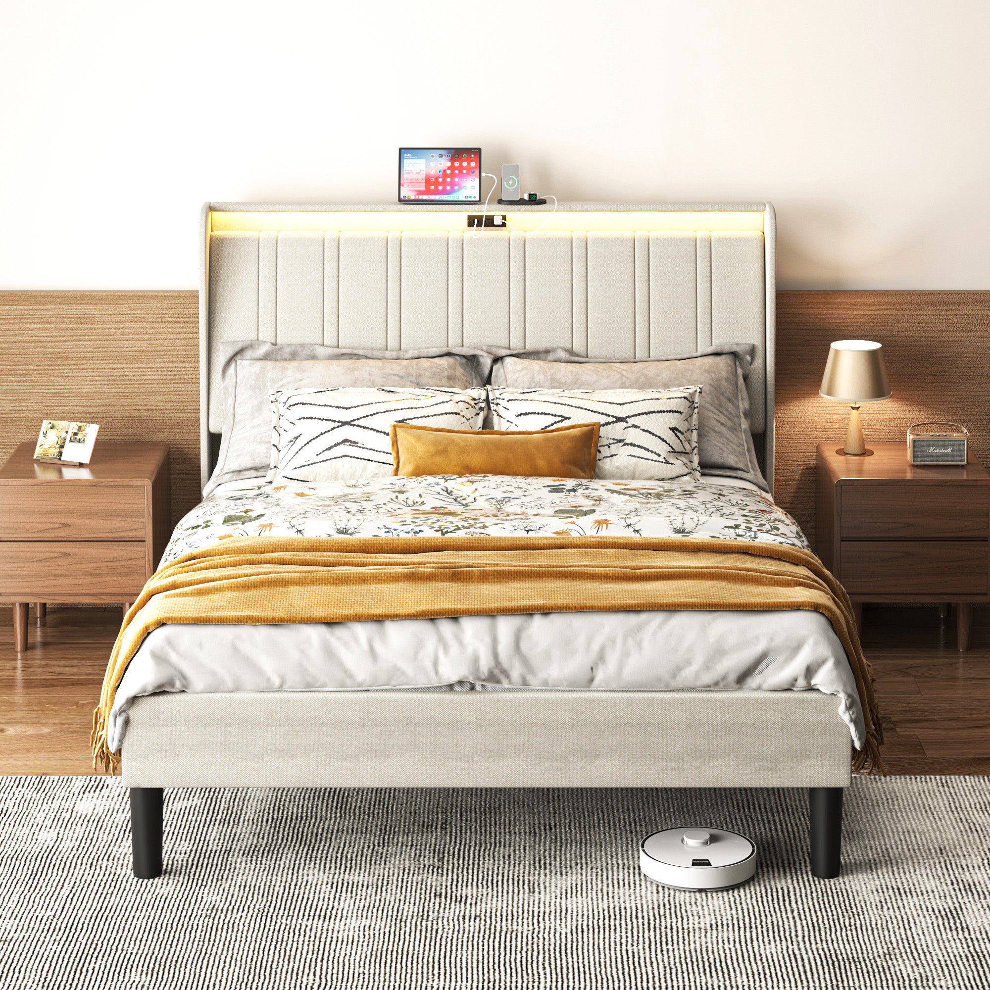PAPROOS Full Bed Frame, Full Bed with Charging Station and LED Light, Velvet Upholstered Headboard, Metal Platform Bed with Wooden Slats, No Box Spring Needed