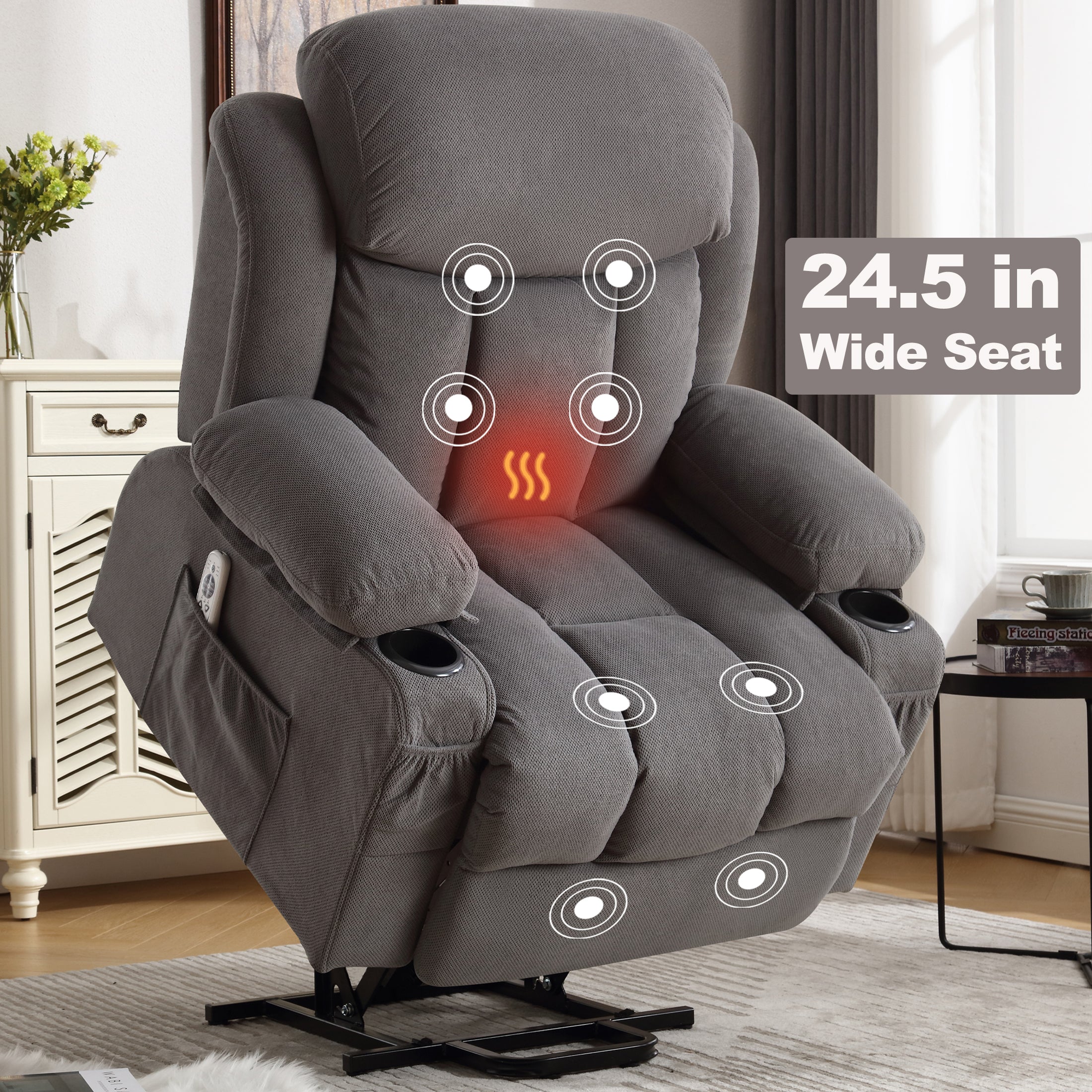 Power Lift Recliner Chair, Heated Massage with USB & Cup Holder, Beige