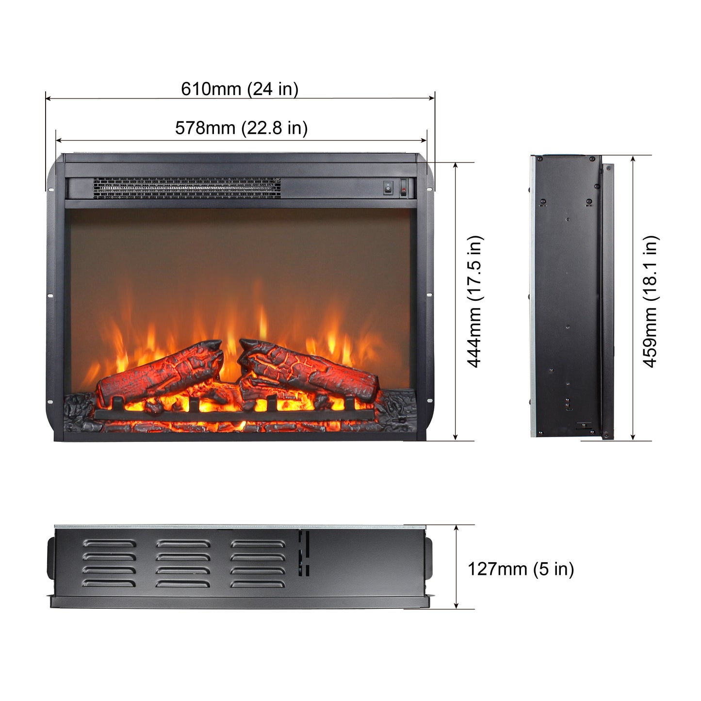 23 Inch Electric Fireplace Insert Heater, PAPROOS Freestanding & Recessed Fireplace Heater with Log Set, Realistic Flame, Electric Fireplace without Control, 1400W, Antique Black