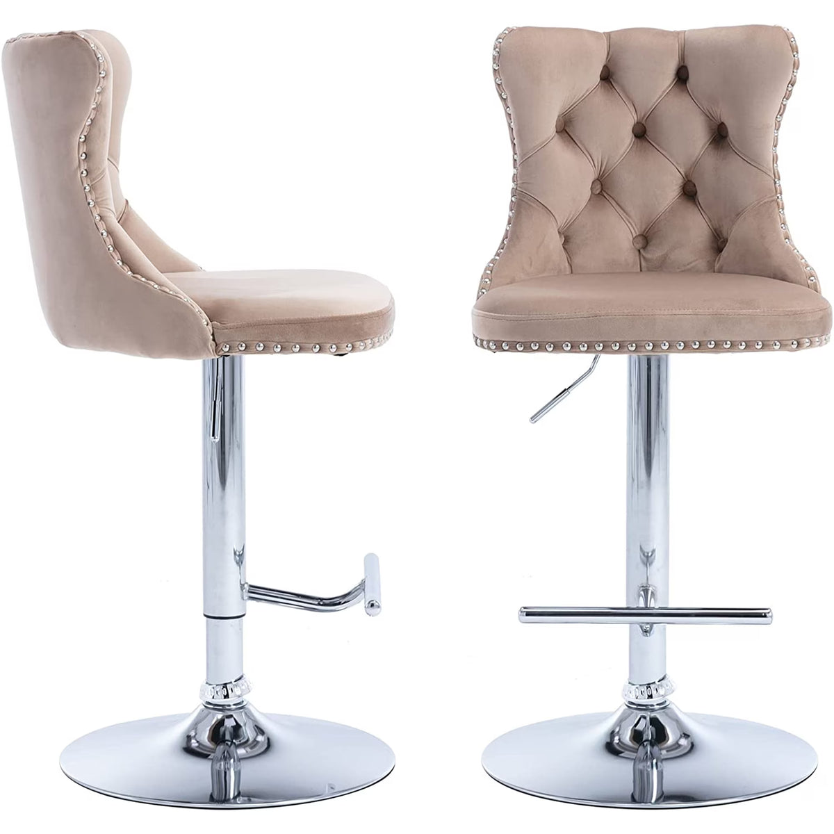 Swivel Bar Stools Set of 2, PAPROOS Adjustable Height Counter Height Bar Stools with Back, Velvet Dining Chair with Button Tufted & Nail Trim, Kitchen Chair for Kitchen Island Pub