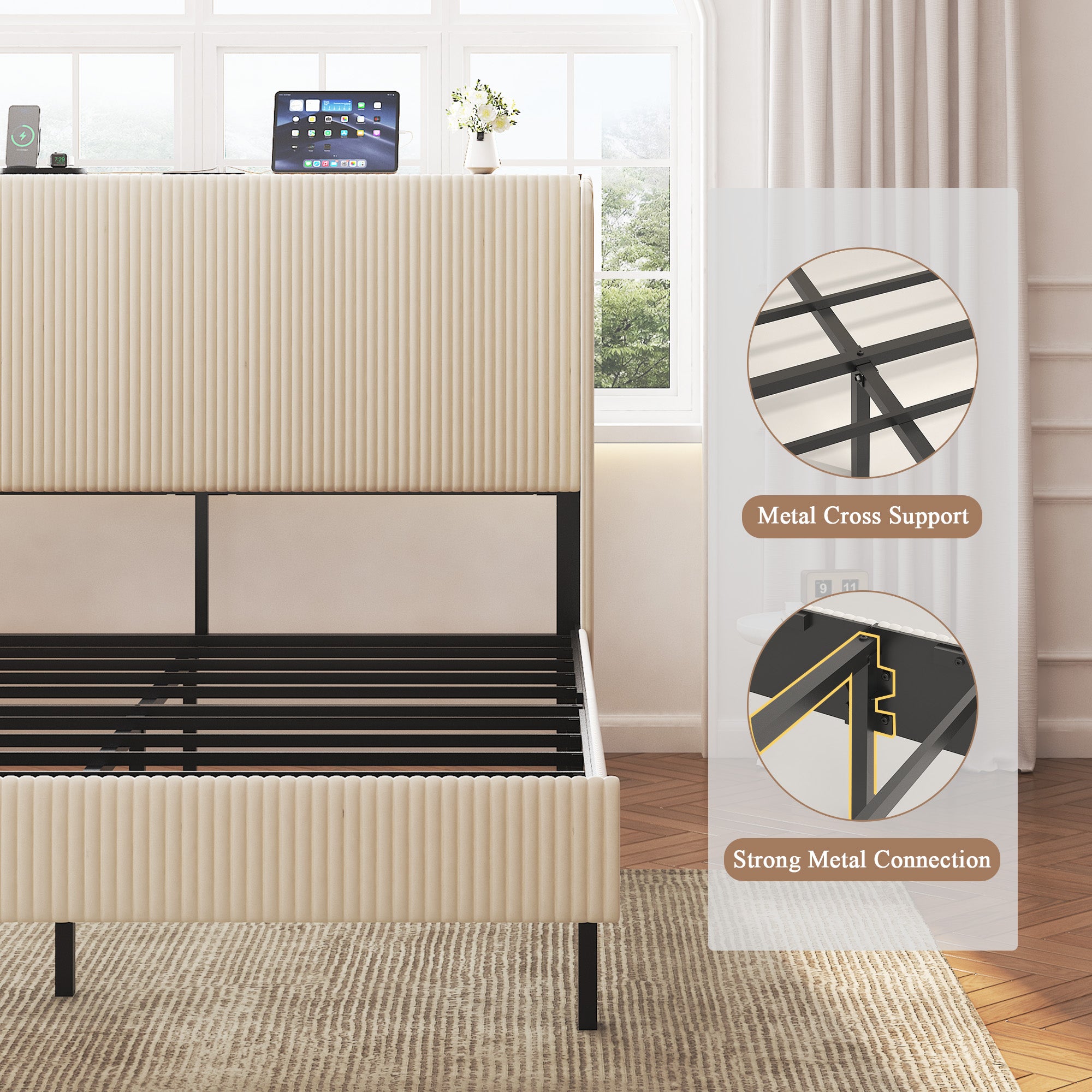 PAPROOS Queen Bed Frame, Queen Bed with Charging Station, LED Light Strip, Upholstered Headboard, Metal Platform Bed with Under Bed Storage, No Box Spring Needed