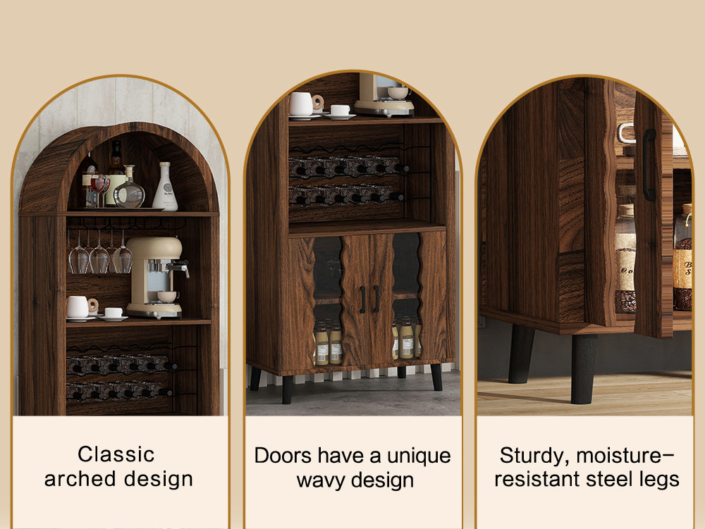71" Tall Wine Bar Cabinet, Paproos Farmhouse Liquor Cabinet with Doors, Wine Racks, Glass Holder, Coffee Bar Cabinet with Storage Cabinet, for Living Room, Kitchen, Home Bar, Brown Oak