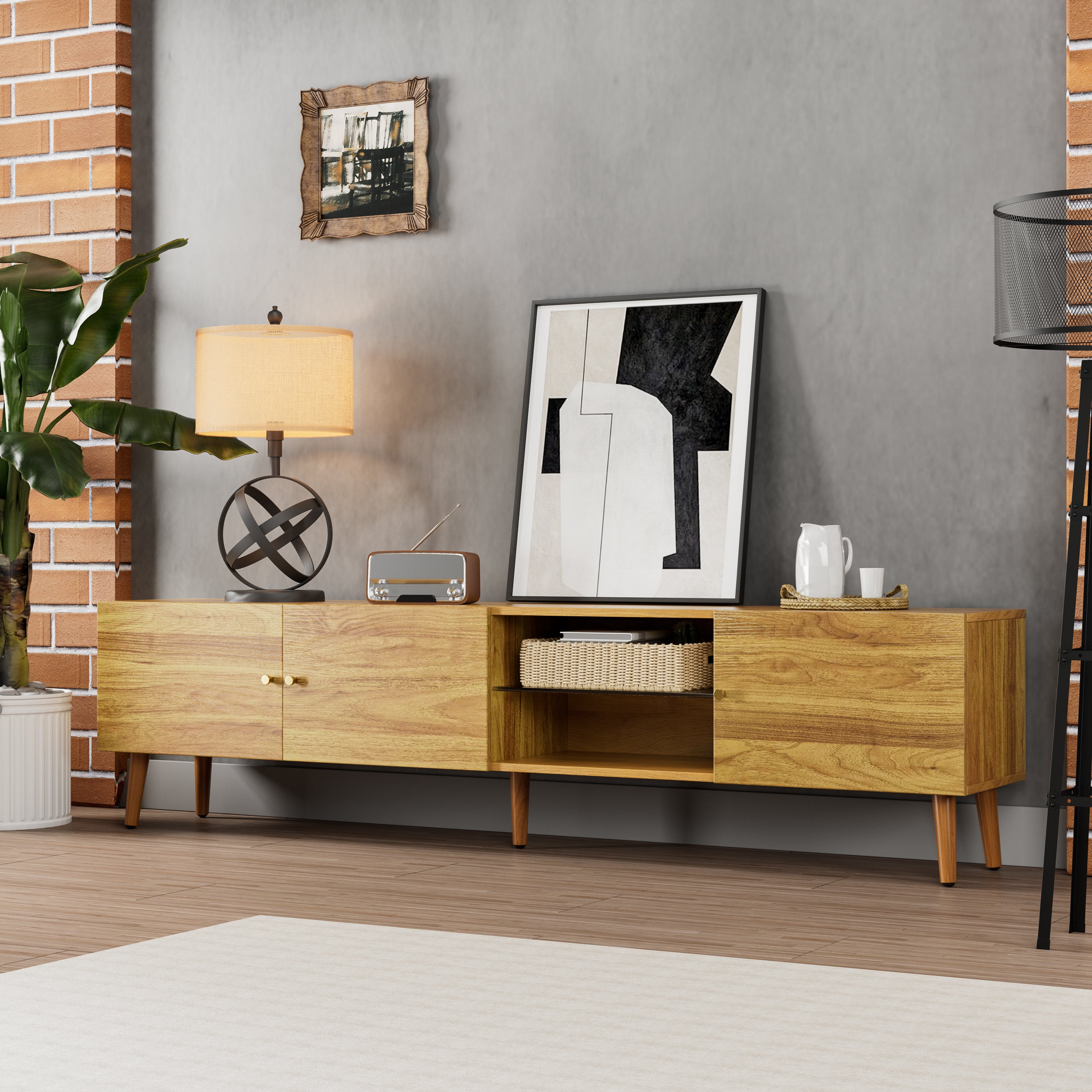 PAPROOS TV Stand for 70 inch tv, Mid Century Entertainment Center with Storage Cabinets, TV Cabinet with Open Shelves, Media Console Table with Doors for Living Room, Office