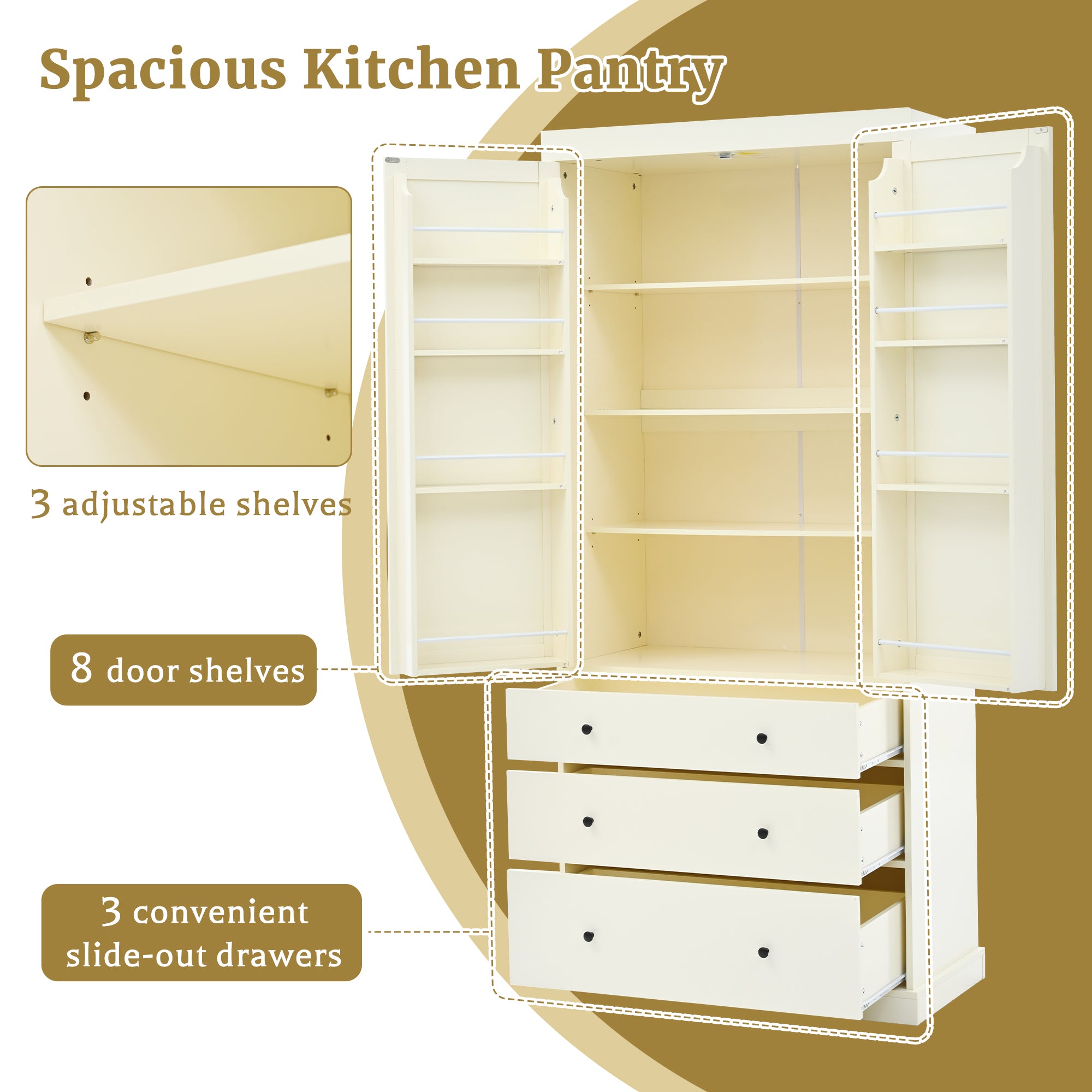 PAPROOS 77" Tall Pantry Cabinet, Wood Kitchen Pantry Storage Cabinet with 3 Drawers, 2 Doors, Farmhouse Cupboard Storage with 3 Adjustable Shelves, 8 Door Shelves for Dining Room, Craft Room, White