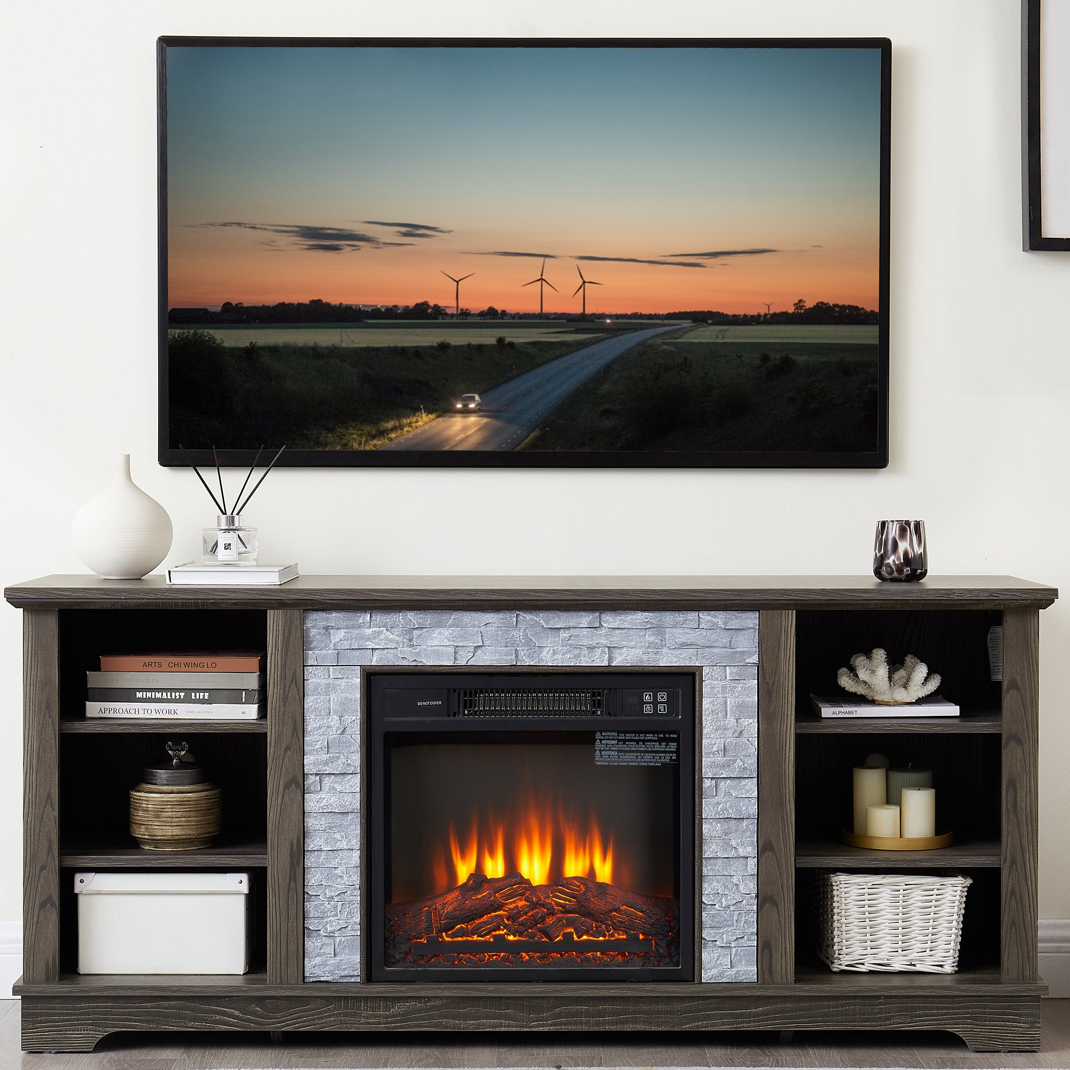 PAPROOS Fireplace TV Stand up to 75" TV, Modern TV Console Media Console with 23" Fireplace for Living Room, Faux Stacked Stone TV Cabinet Entertainment Center with Storage Shelves, Gray