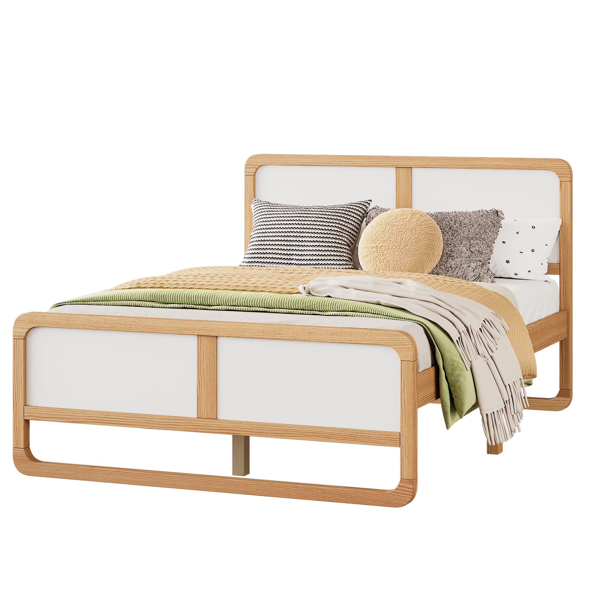 PAPROOS Queen Platform Bed Frame, Solid Wood Bed Frame with Headboard, Modern Queen Size Bed with Slats, No Box Spring Needed, White/Walnut