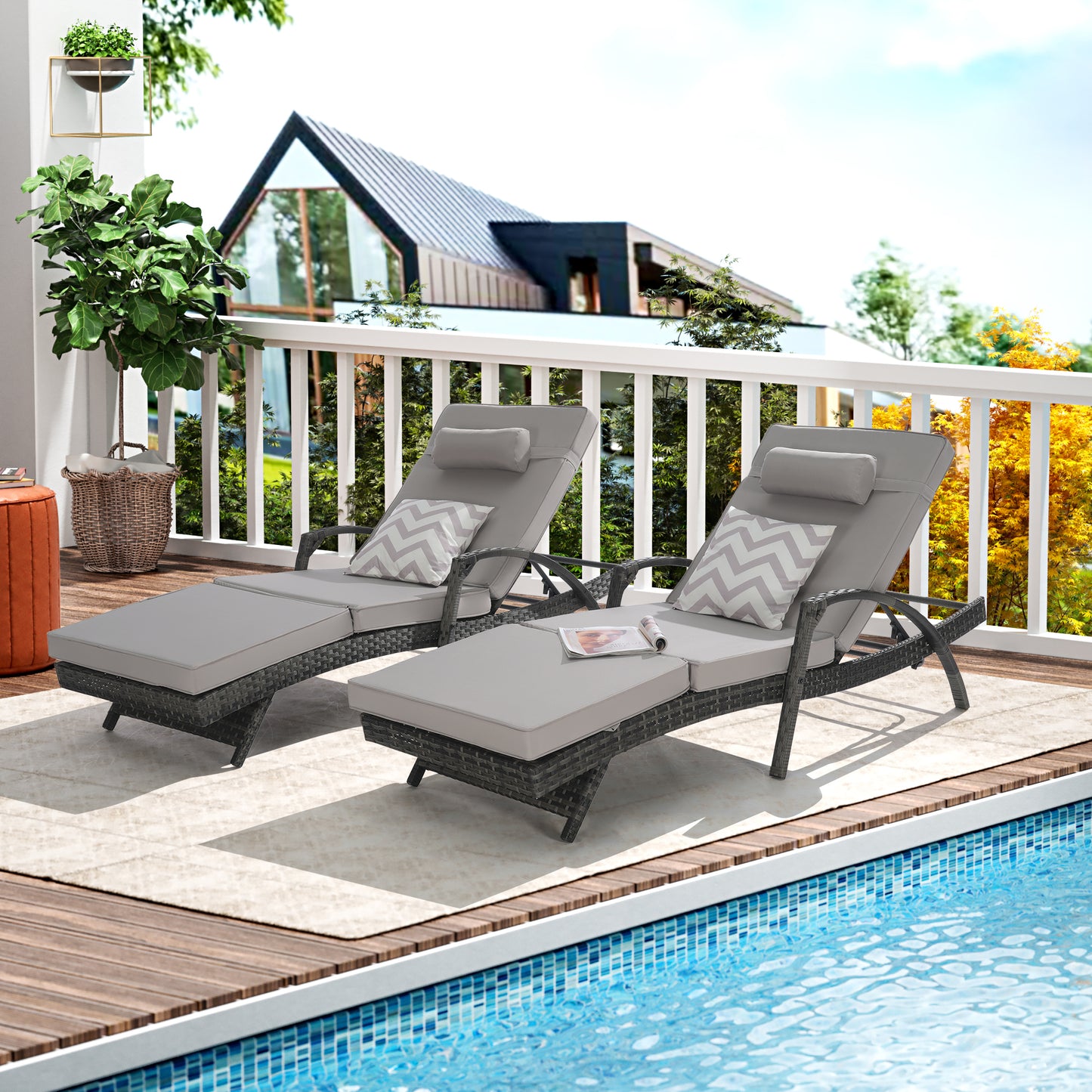 Outdoor Chaise Lounge Chair Set of 2, Rattan Patio Chaise Lounge Chair with Cushion and Arms, Modern 5-Positions Adjustable Outdoor Lounger Recliner for Poolside, Garden, Backyard, Light Gray