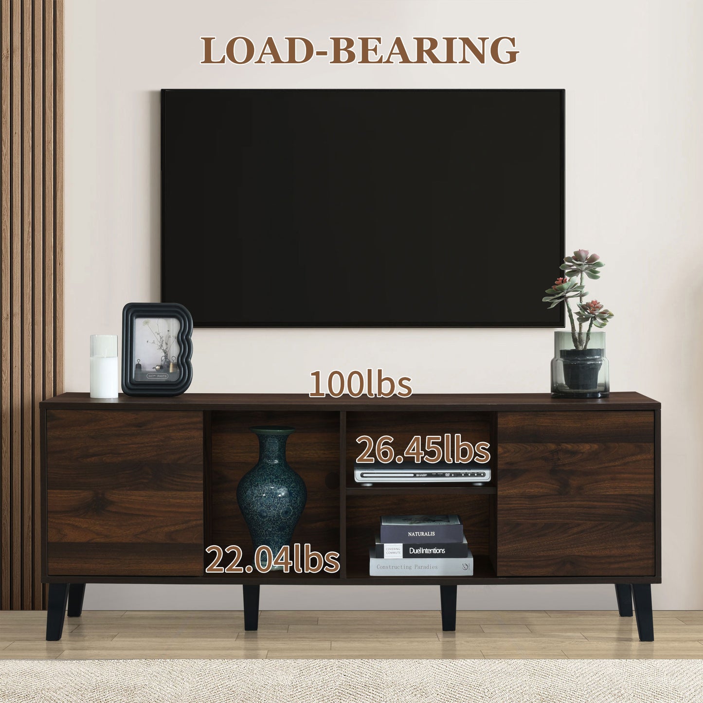 PAPROOS TV Stand for 70 inch tv, Mid Century Entertainment Center with Storage Cabinets, TV Cabinet with Open Shelves, Media Console Table with Doors for Living Room, Office