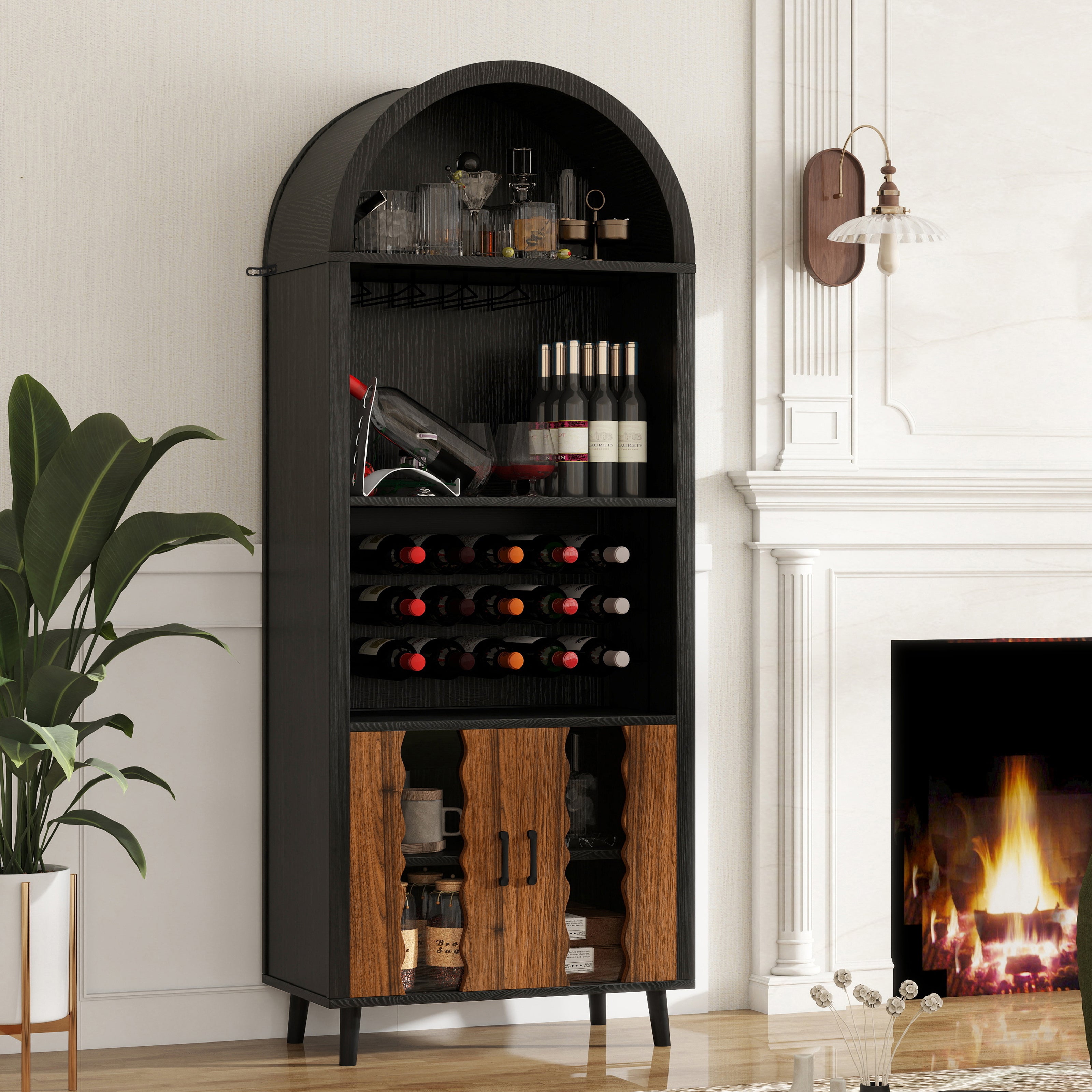 71" Tall Wine Bar Cabinet, Paproos Farmhouse Liquor Cabinet with Doors, Wine Racks, Glass Holder, Coffee Bar Cabinet with Storage Cabinet, for Living Room, Kitchen, Home Bar, Brown Oak